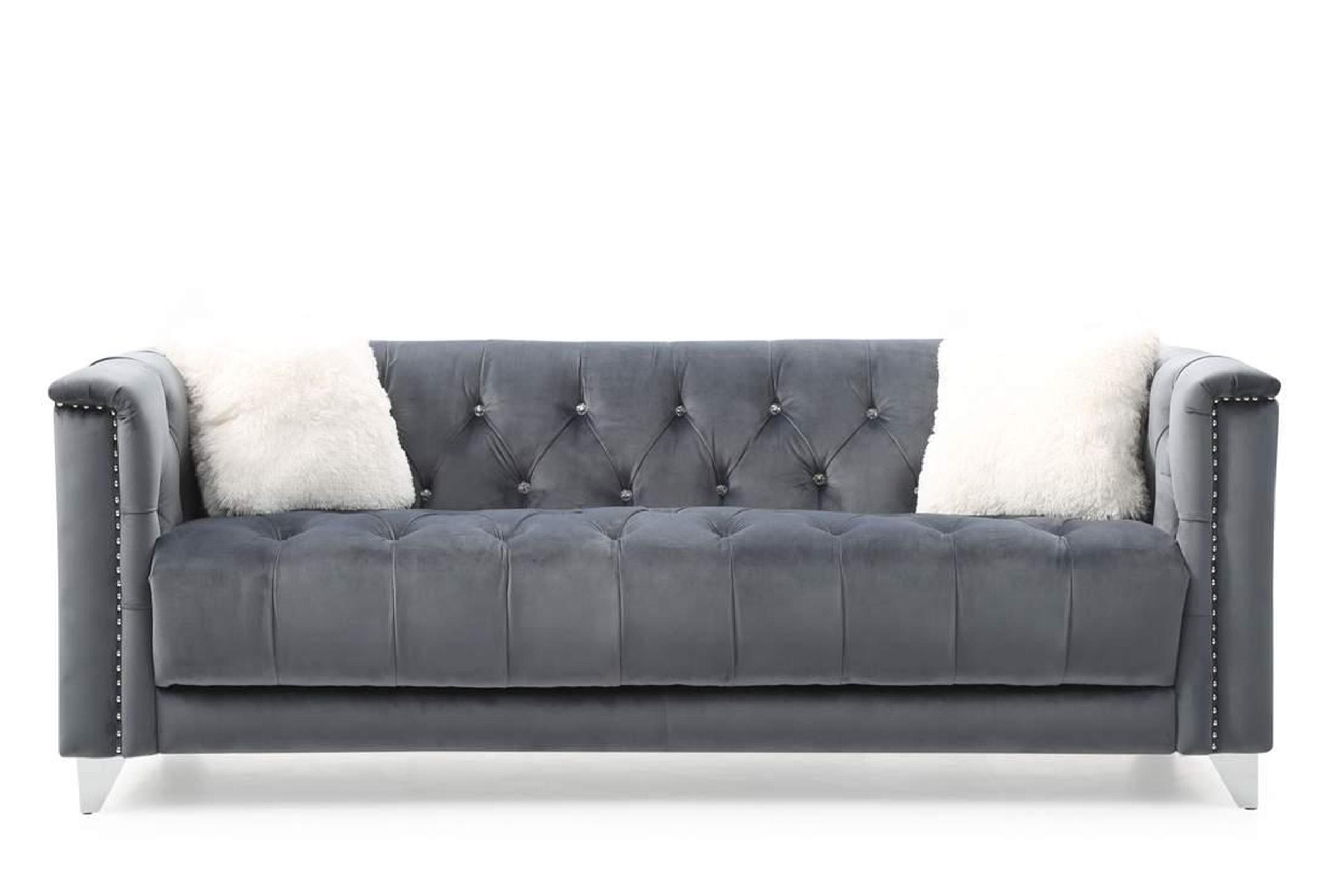 

    
Gray Velvet Crystal Tufted Sofa Set 2Pc RUSSELL Galaxy Home Modern
