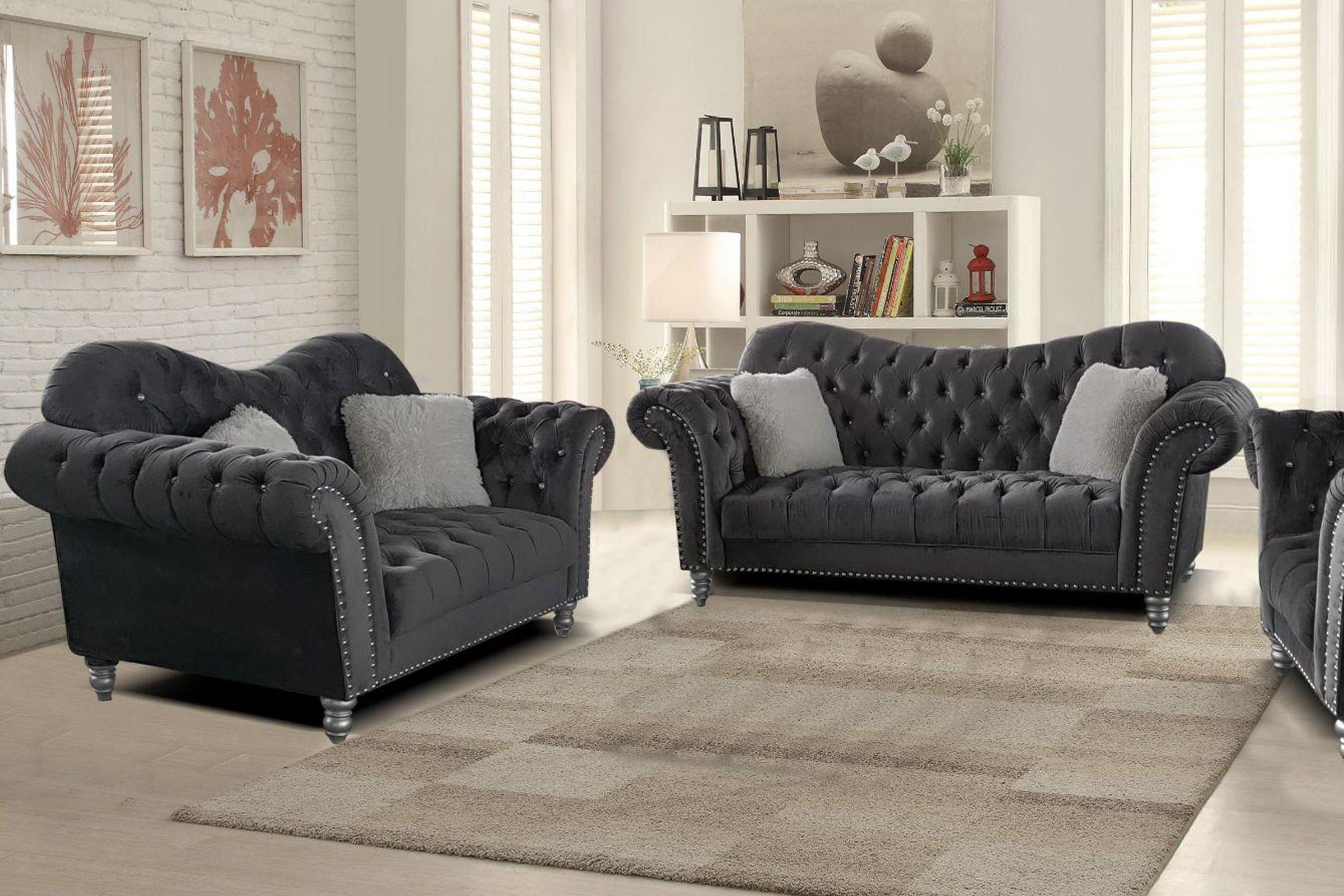 

    
Gray Velvet Crystal Tufted Sofa Set 2Pcs JESSICA Galaxy Home Contemporary
