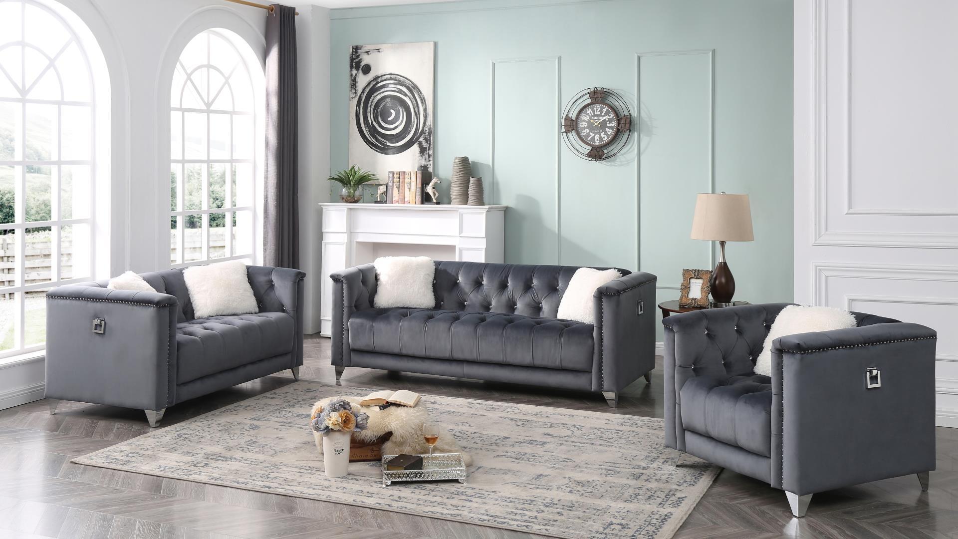 

    
Gray Velvet Crystal Tufted Sofa Set 3P RUSSELL Galaxy Home Modern
