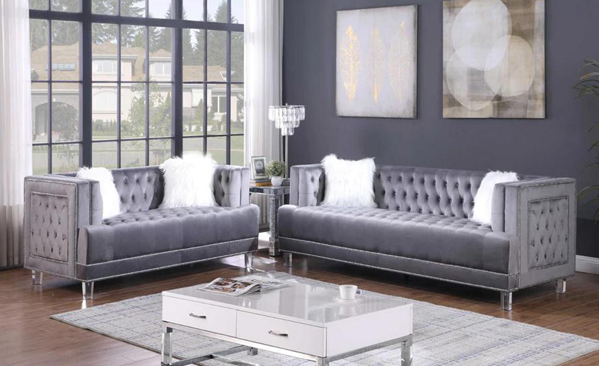 Contemporary Sofa and Loveseat Set SF2009 SF2009-2PC in Gray Velvet