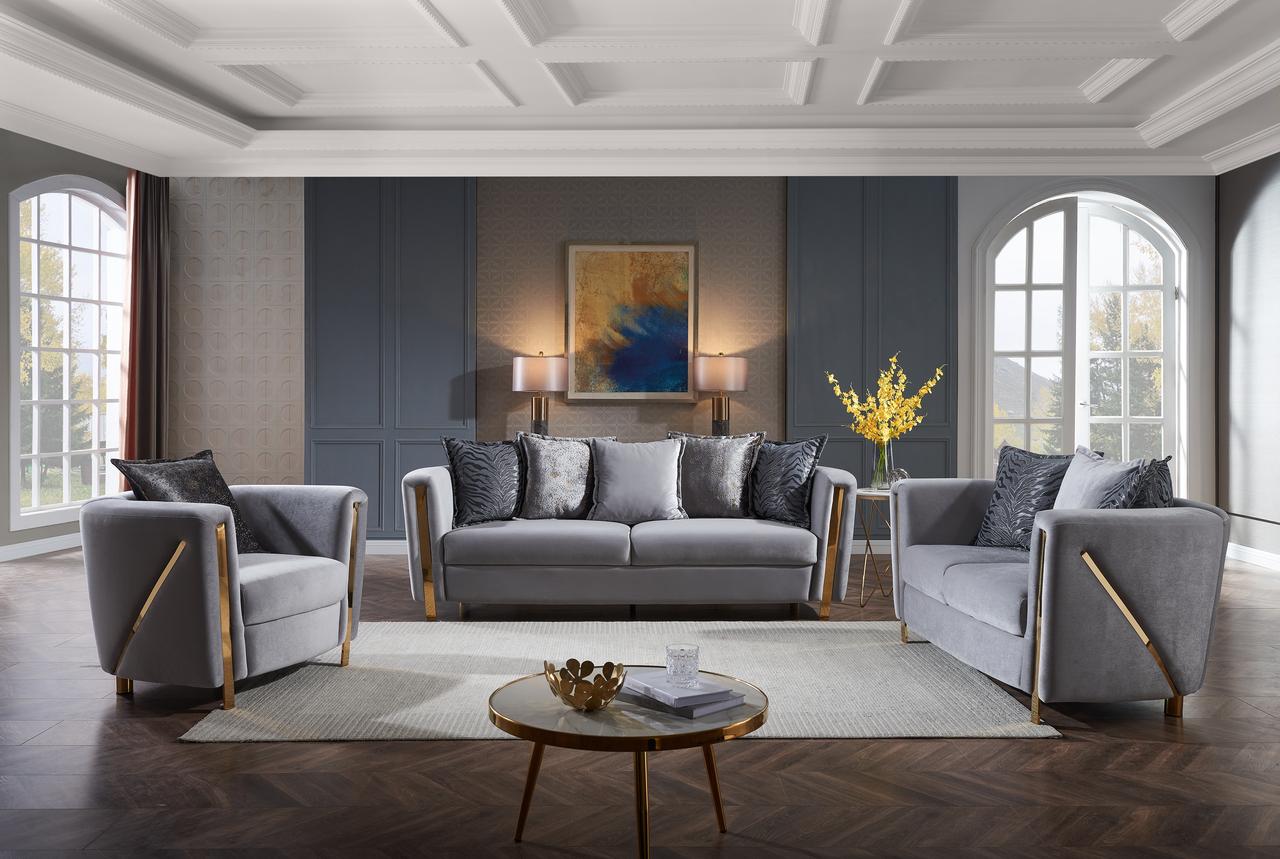 

    
Gray Velvet Fabric Upholstered 3Pc Living Room Set Chanelle Galaxy Home Modern
