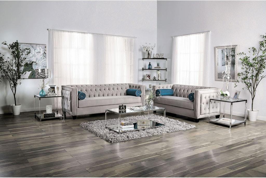 

    
Transitional Gray Velvet-like Fabric Sofa and Loveseat Furniture of America Silvan
