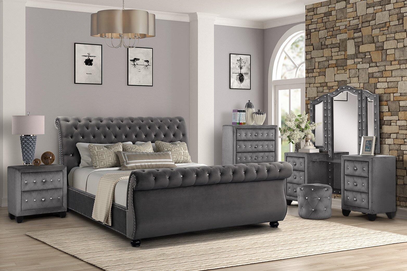 

    
Gray Velvet Queen Bed Set 5Pcs w/VANITY KENDALL Galaxy Home Contemporary
