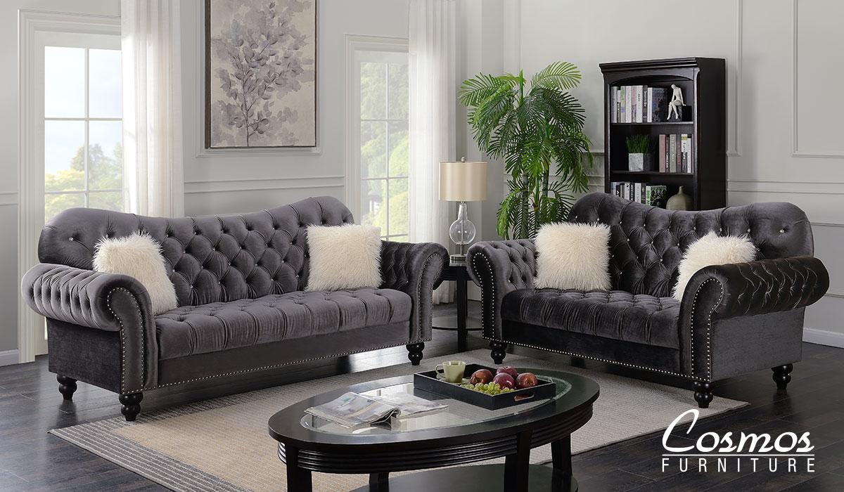 

    
Gray Velvet Sofa & Loveseat Set 2Pcs Transitional Cosmos Furniture Gracie
