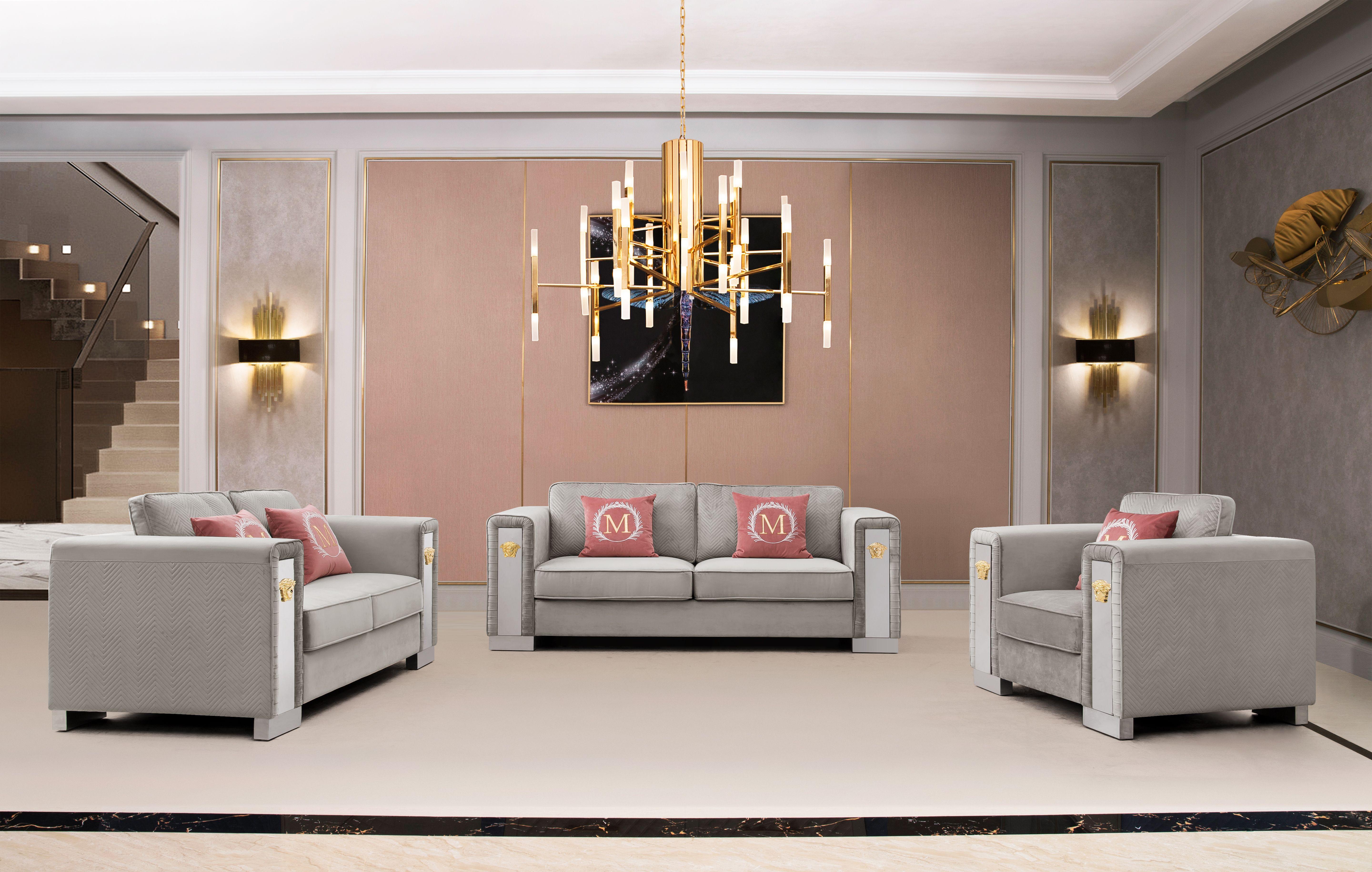 Modern Sofa Loveseat and Chair Set William William-Set-3 in Gray Velvet