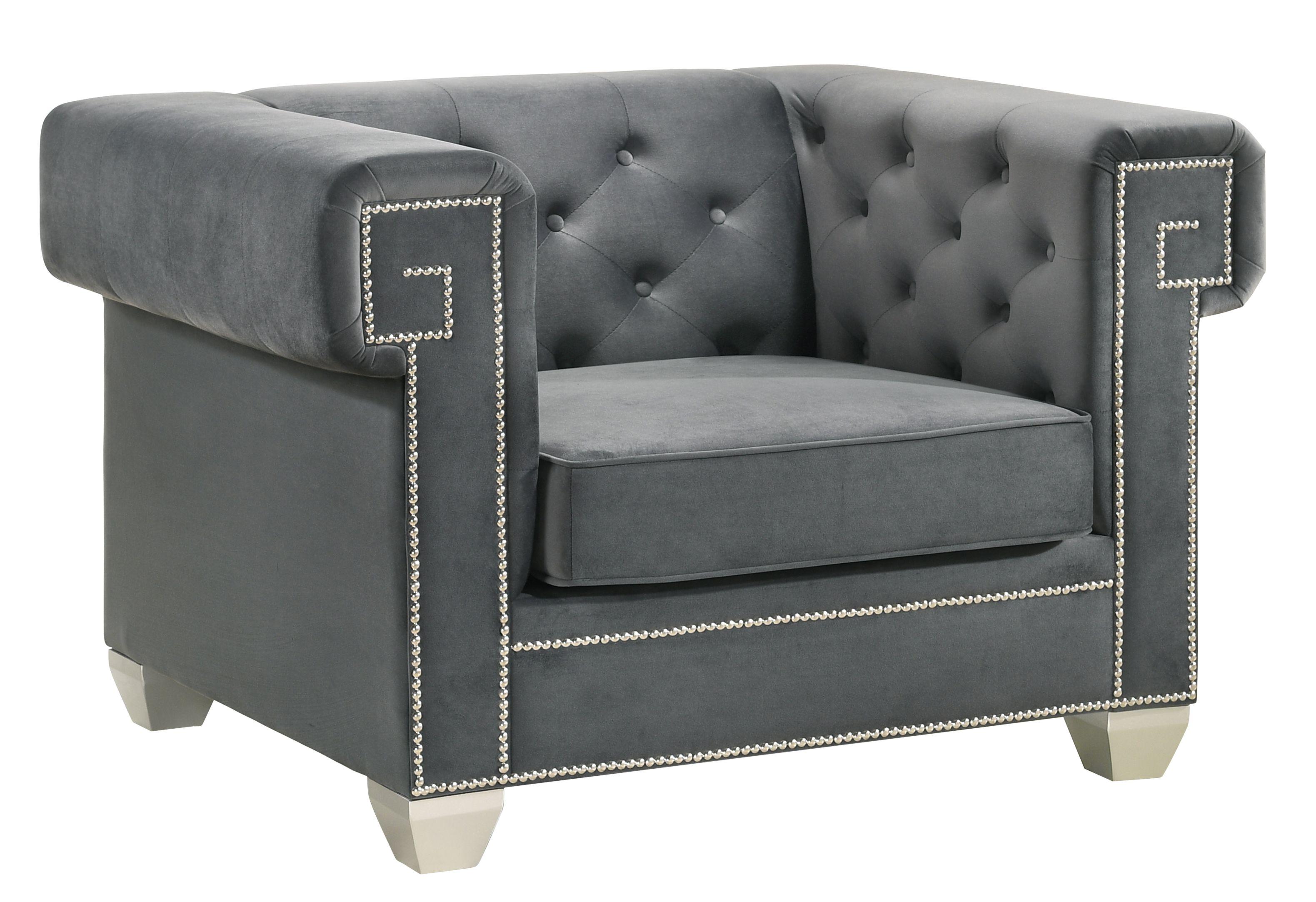 

        
Cosmos Furniture Clover Gray Sofa Loveseat and Chair Set Gray Velvet 810053741979

