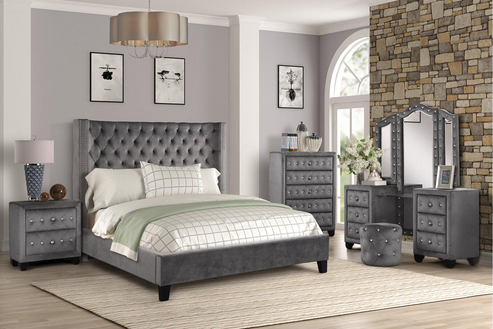 

    
Gray Velvet Tufted King Bed Set 4P w/VANITY ALLEN Galaxy Home Contemporary
