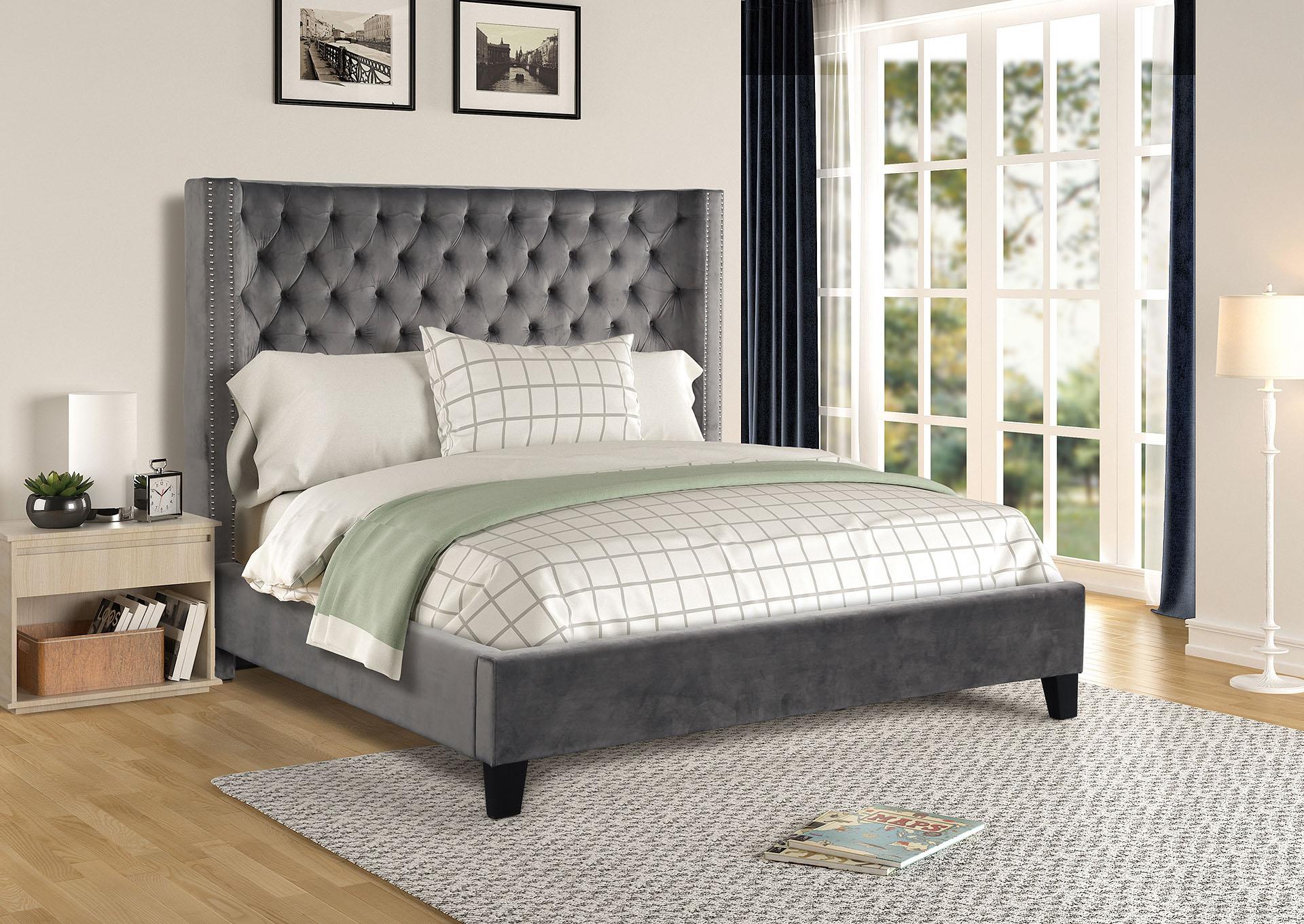 

    
Gray Velvet Tufted King Bed Set 5P w/VANITY ALLEN Galaxy Home Contemporary
