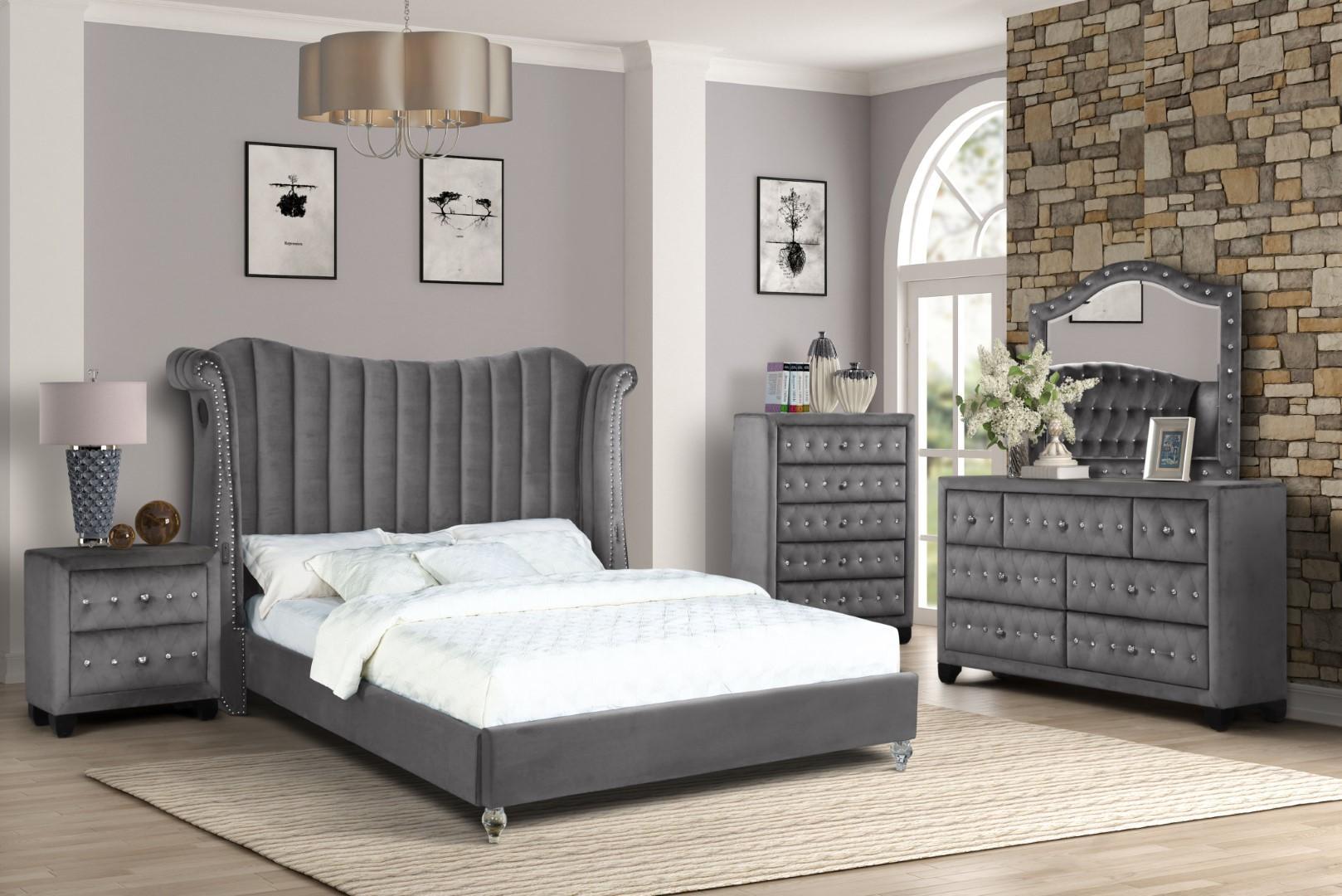 Contemporary, Modern Platform Bedroom Set TULIP GR TULIP-GR-EK-NDM-4PC in Gray Velvet