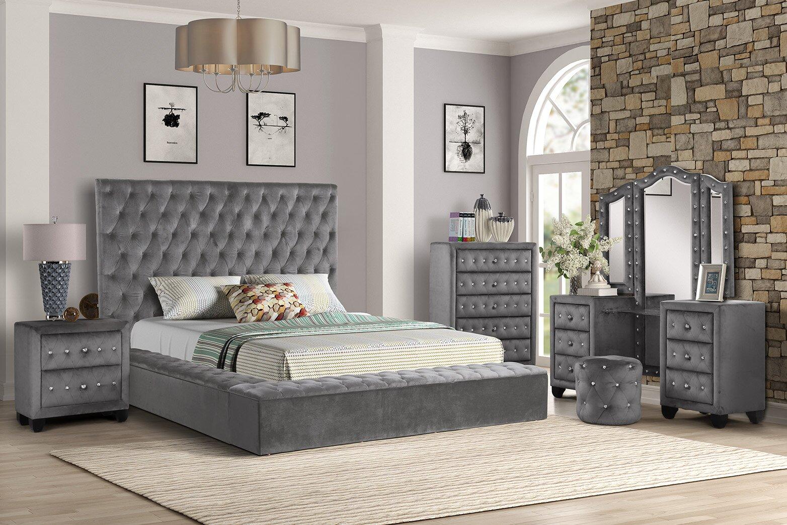 

    
Gray Velvet Tufted King Storage Bed Set 4 w/Vanity NORA Galaxy Home Contemporary
