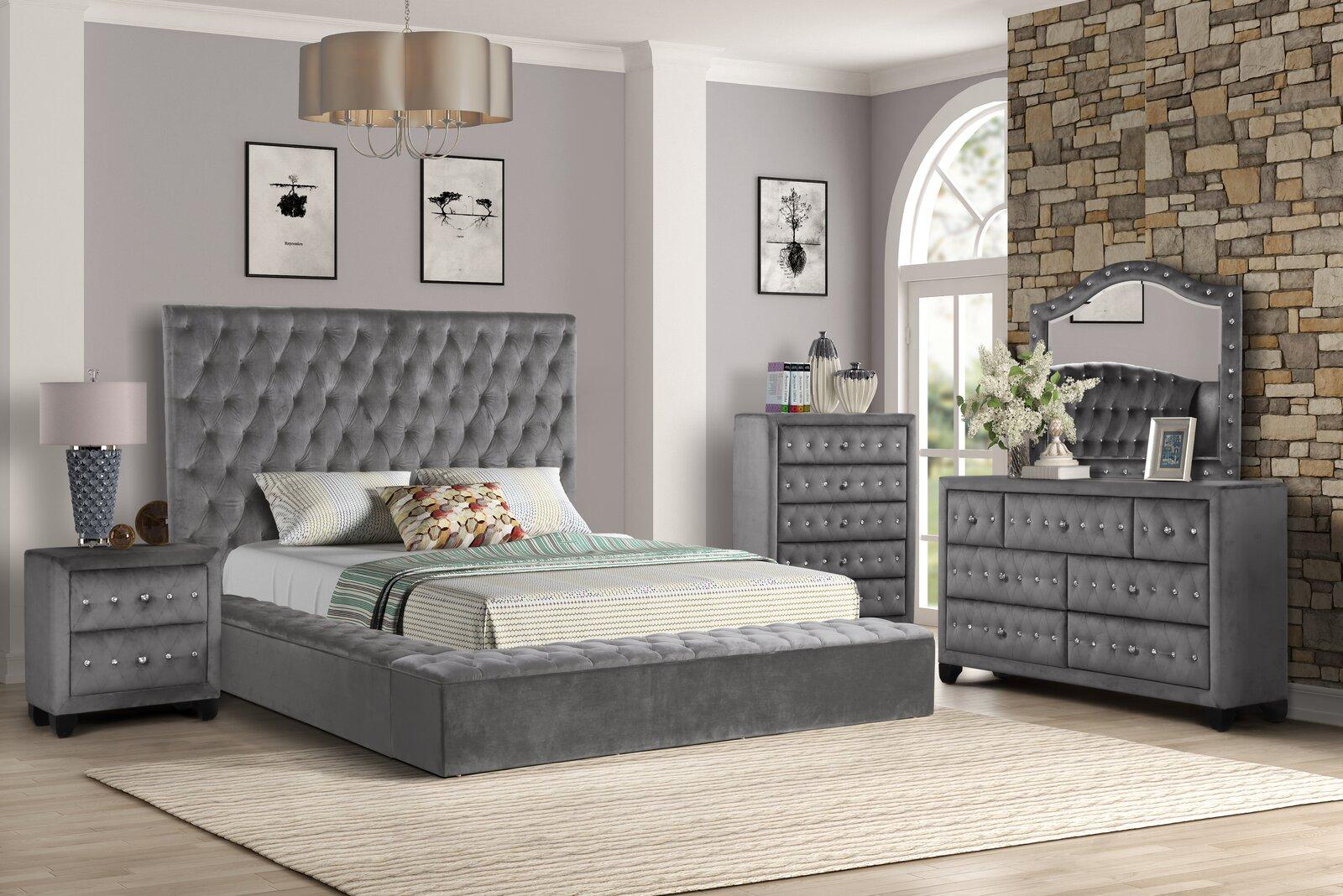 Contemporary, Modern Storage Bedroom Set NORA GHF-808857958679-Set-4 in Gray Velvet