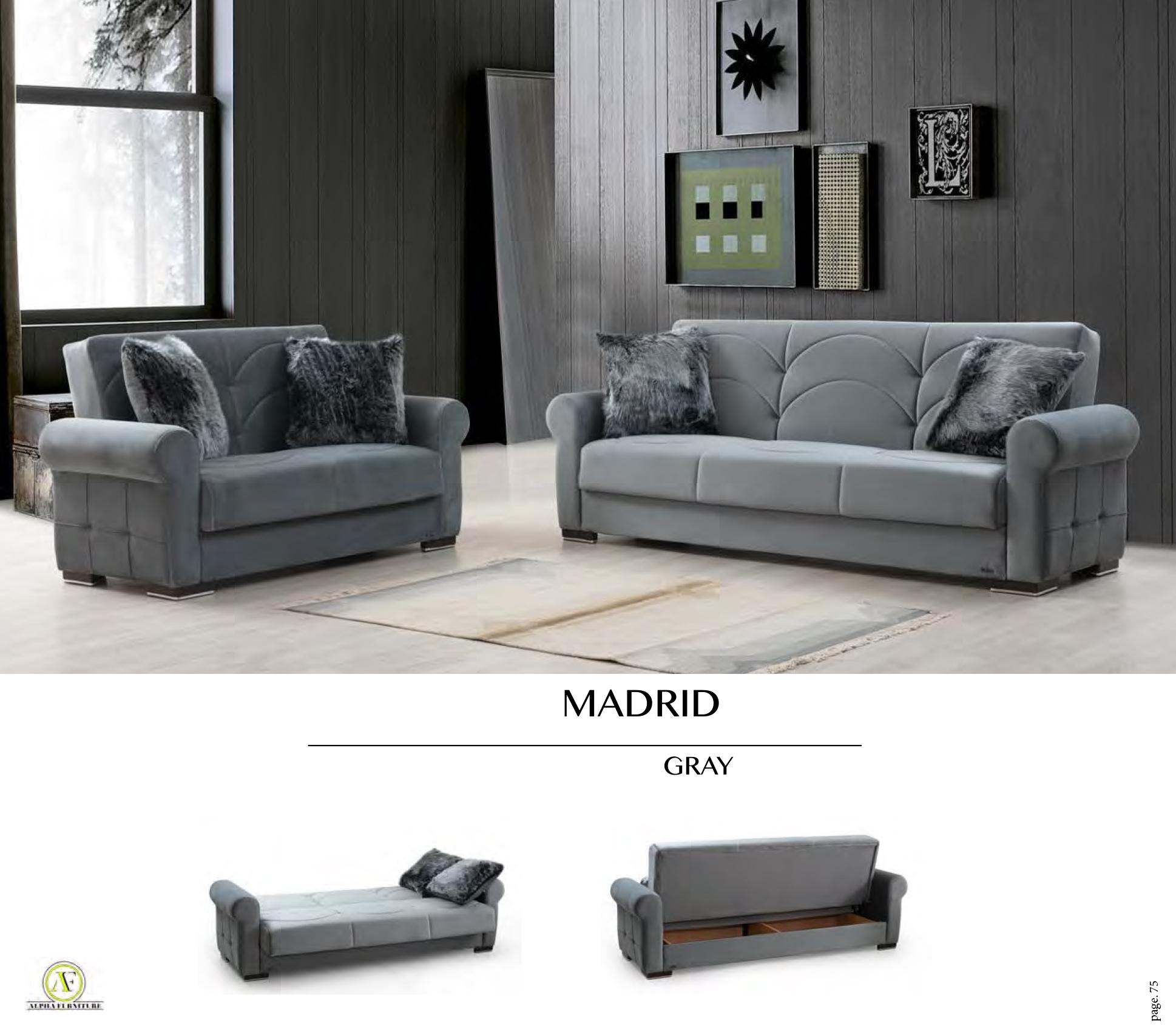 

    
Alpha Furniture Madrid Sofa Loveseat and Chair Set Gray MDR-GR-S-Set-3
