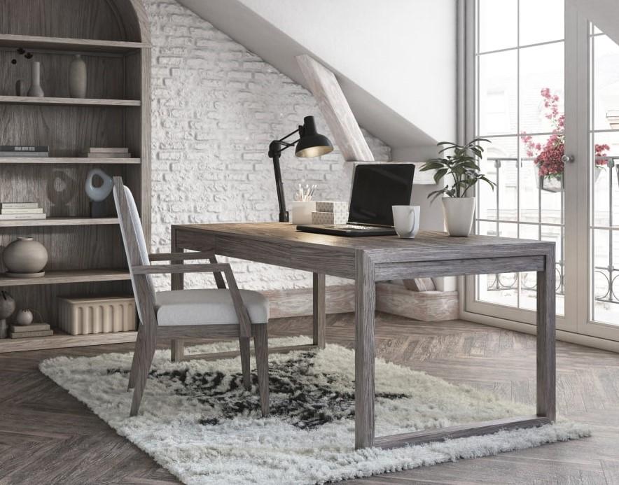 

    
Gray Wood Home Office Desk + Arm Chair by A.R.T. Furniture Vault
