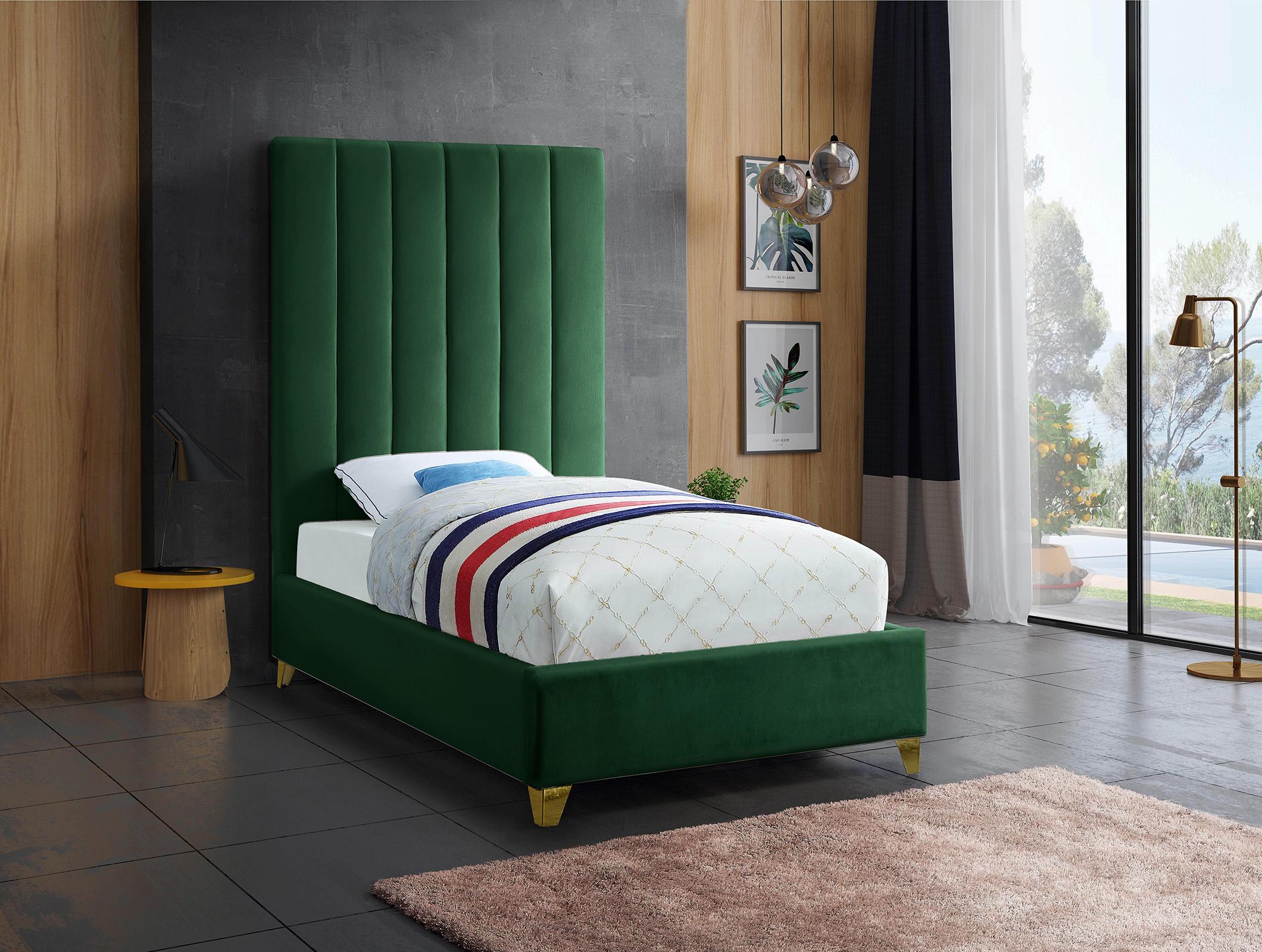 

    
Green Velvet Channel Tufted Twin Bed VIA ViaGreen-T Meridian Contemporary Modern
