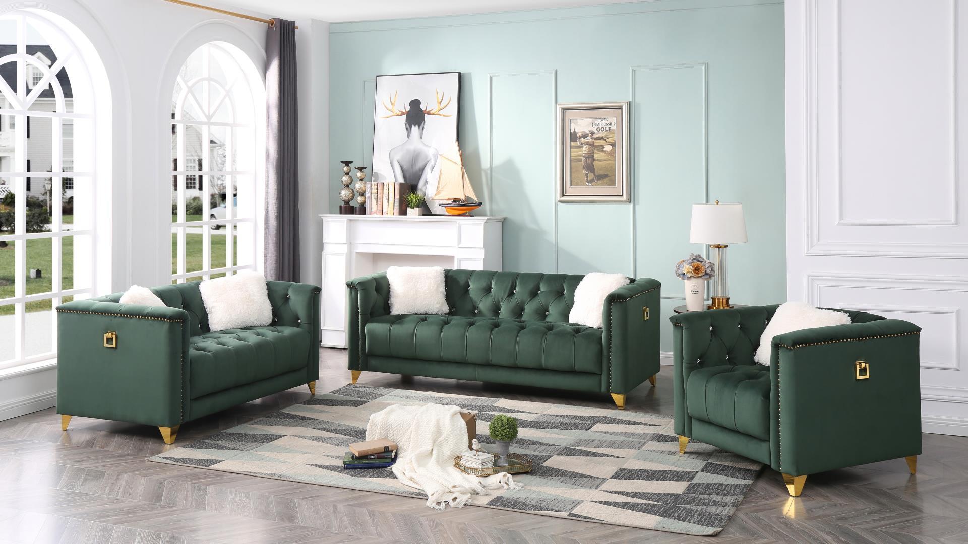

    
Green Velvet Crystal Tufted Sofa Set 3Pcs RUSSELL Galaxy Home Modern
