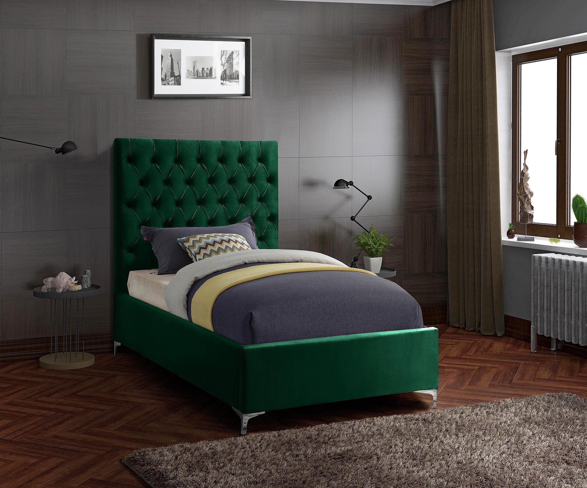 

    
Green Velvet Deep Button Tufting Twin Bed CRUZ Meridian Contemporary Modern
