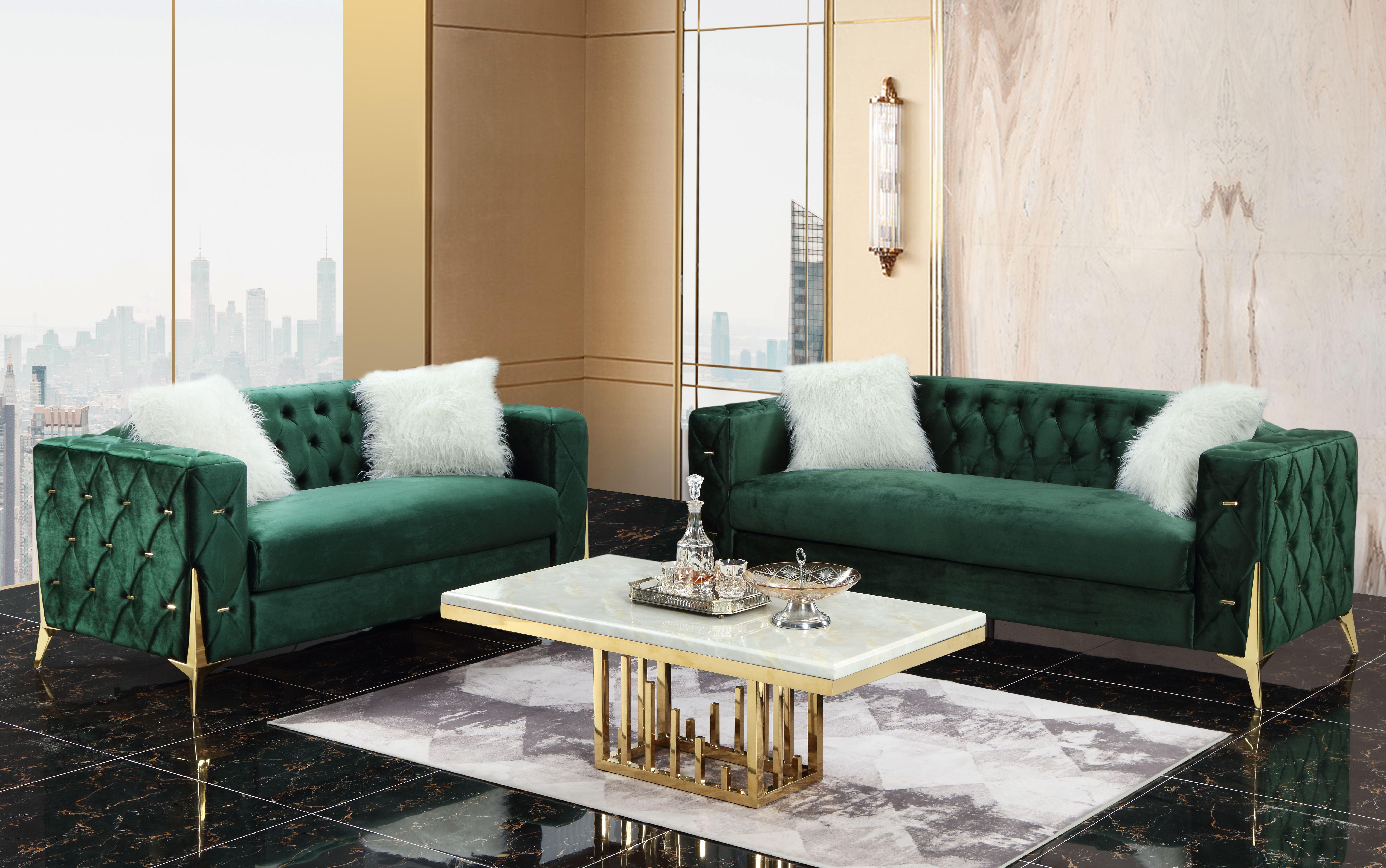 Modern Sofa and Loveseat Set Emerald Emerald-Set-2 in Green, Gold Velvet