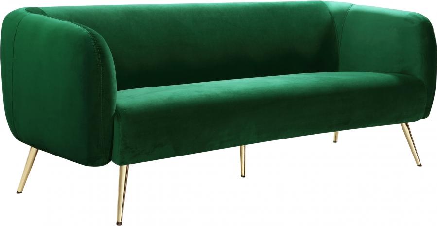 

    
Green Velvet Gold Metal Legs Sofa Contemporary Meridian Furniture Harlow
