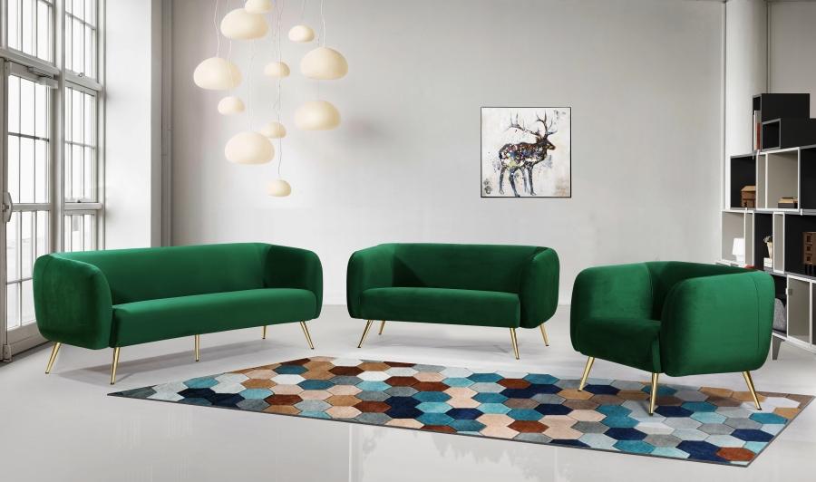 

    
Green Velvet Gold Metal Legs Sofa Loveseat & Chair Meridian Furniture Harlow
