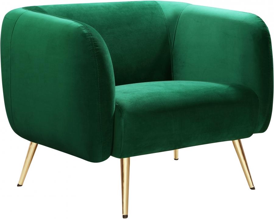 

    
 Shop  Green Velvet Gold Metal Legs Sofa Loveseat & Chair Meridian Furniture Harlow
