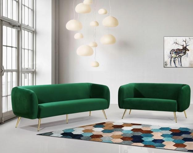 

    
Green Velvet Gold Metal Legs Sofa & Loveseat Set 2pcs Meridian Furniture Harlow
