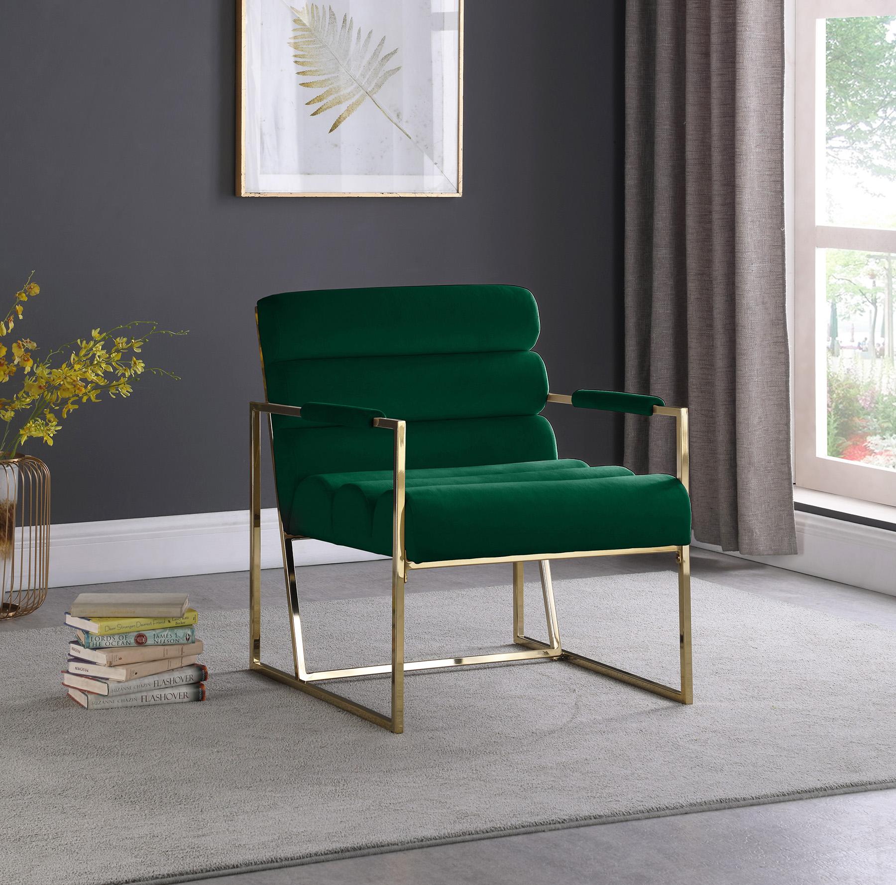 

    
Green Velvet & Gold Tufted Accent Chair WAYNE 526Green Meridian Contemporary
