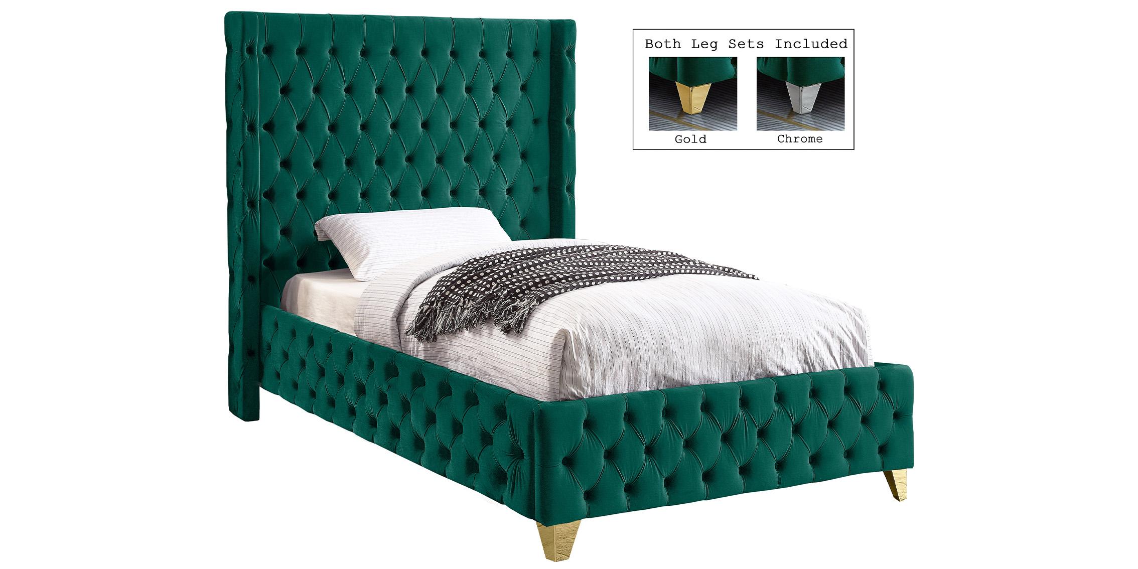 Contemporary Platform Bed SAVAN SavanGreen-T SavanGreen-T in Chrome, Green, Gold Velvet