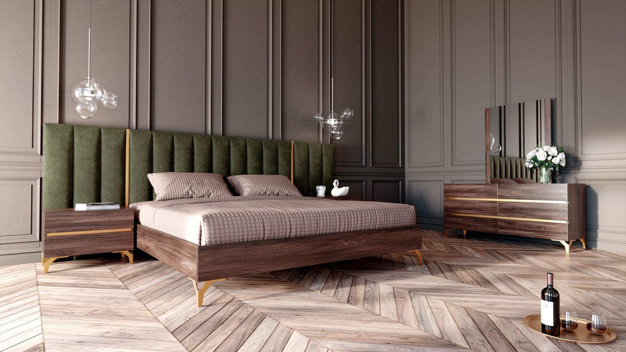 Contemporary, Modern Panel Bedroom Set Calabria VGACCALABRIA-SET-Q-6pcs in Walnut, Green Velvet