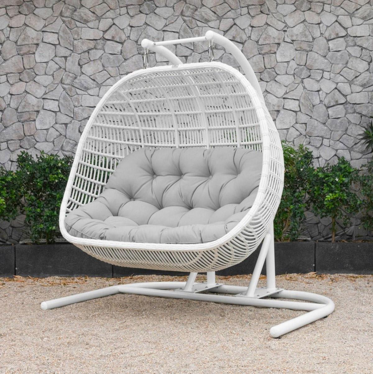 Modern Outdoor Swing Chair Greenburgh WHITE BBZE3115-WH in White, Beige Fabric