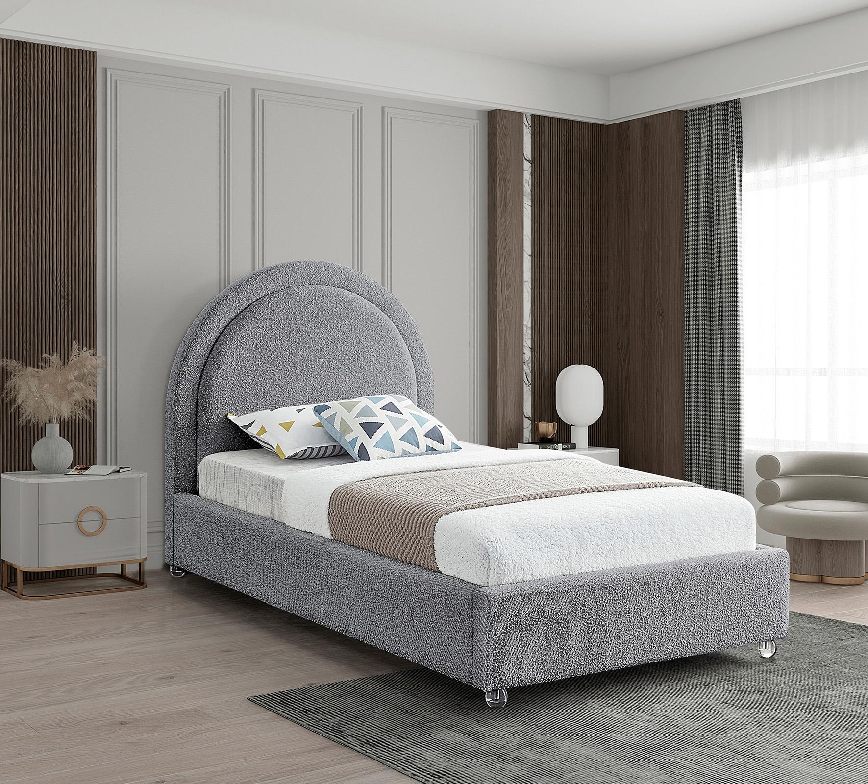 

    
Grey Boucle Fabric Twin Bed MILO MiloGrey-T Meridian Contemporary Modern
