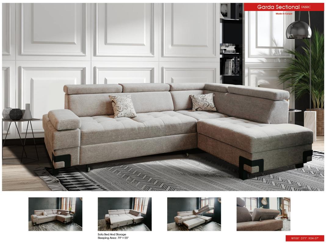 

    
 Photo  Grey Fabric Garda Sectional Sofa Right w/ Bed & Storage Contemporary Modern

