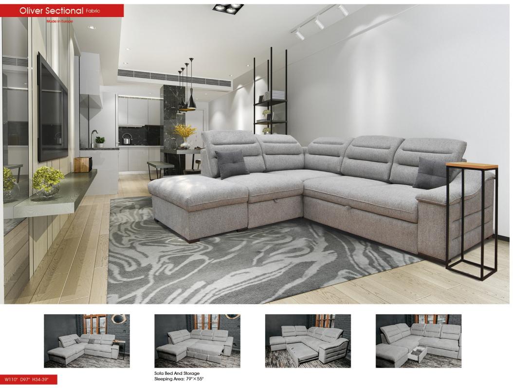 Contemporary, Traditional Sectional Sofa Bed Oliver OLIVERSECTIONAL in Gray Fabric