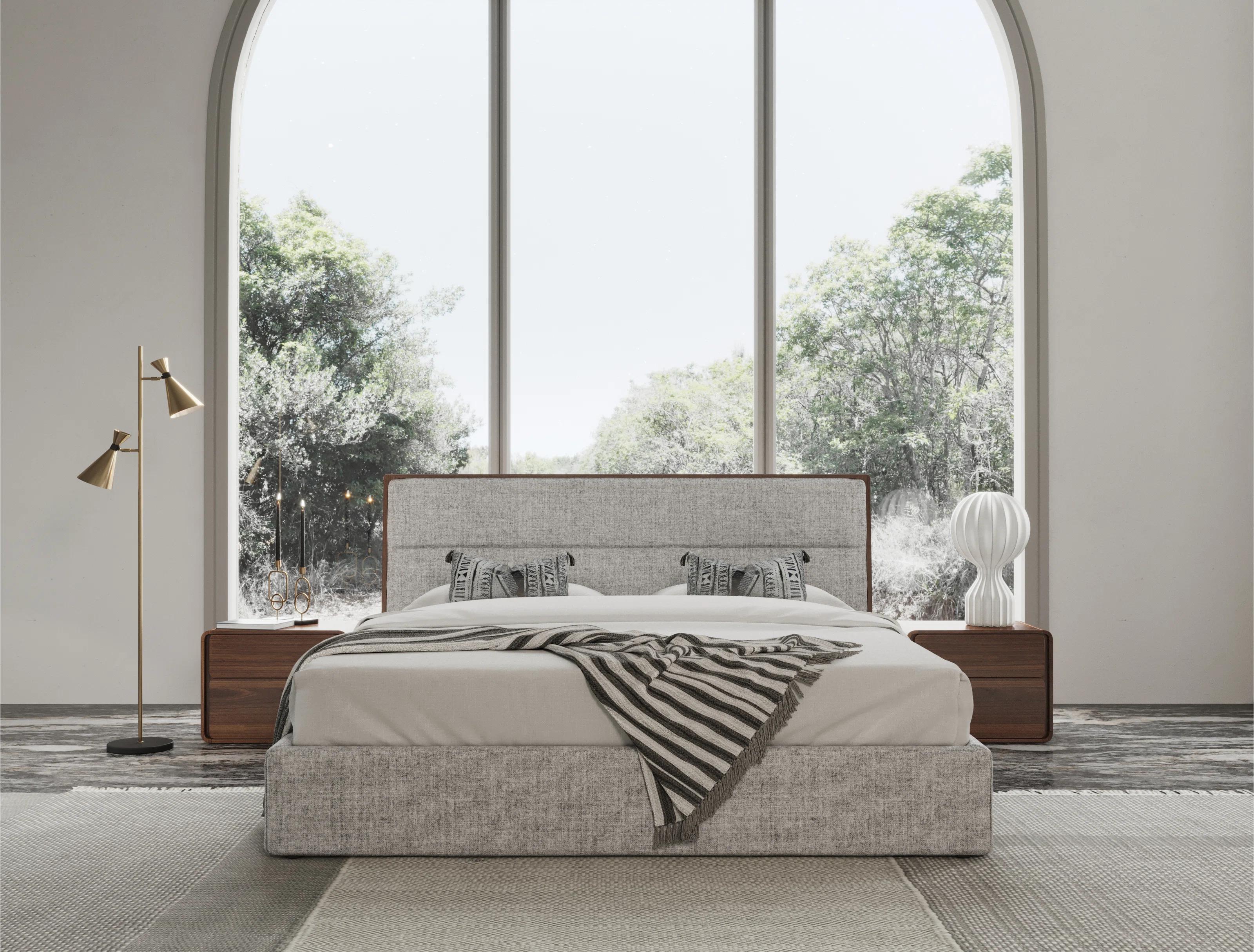 Contemporary, Modern Platform Bedroom Set Dustin VGMABR-99-BED-K-3pcs in Walnut, Gray Fabric