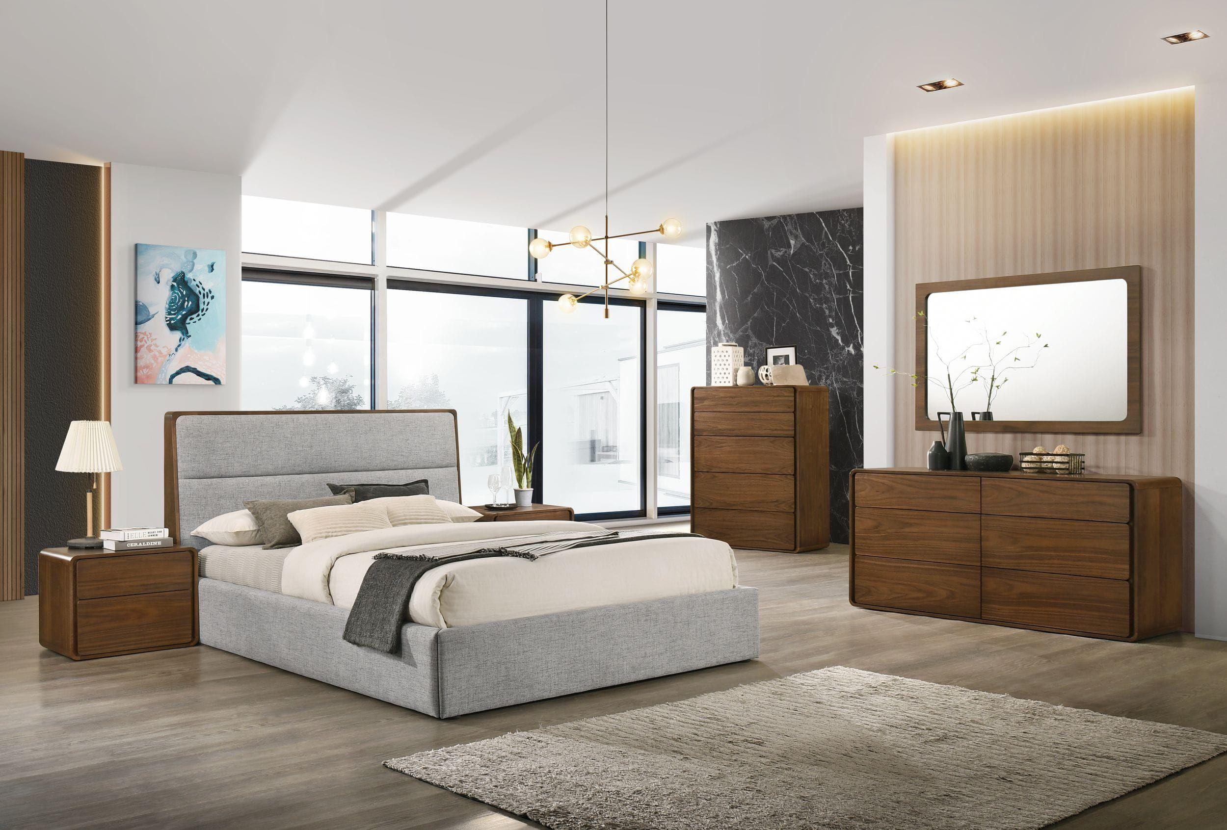 Contemporary, Modern Platform Bedroom Set Dustin VGMABR-99-BED-K-5pcs in Walnut, Gray Fabric