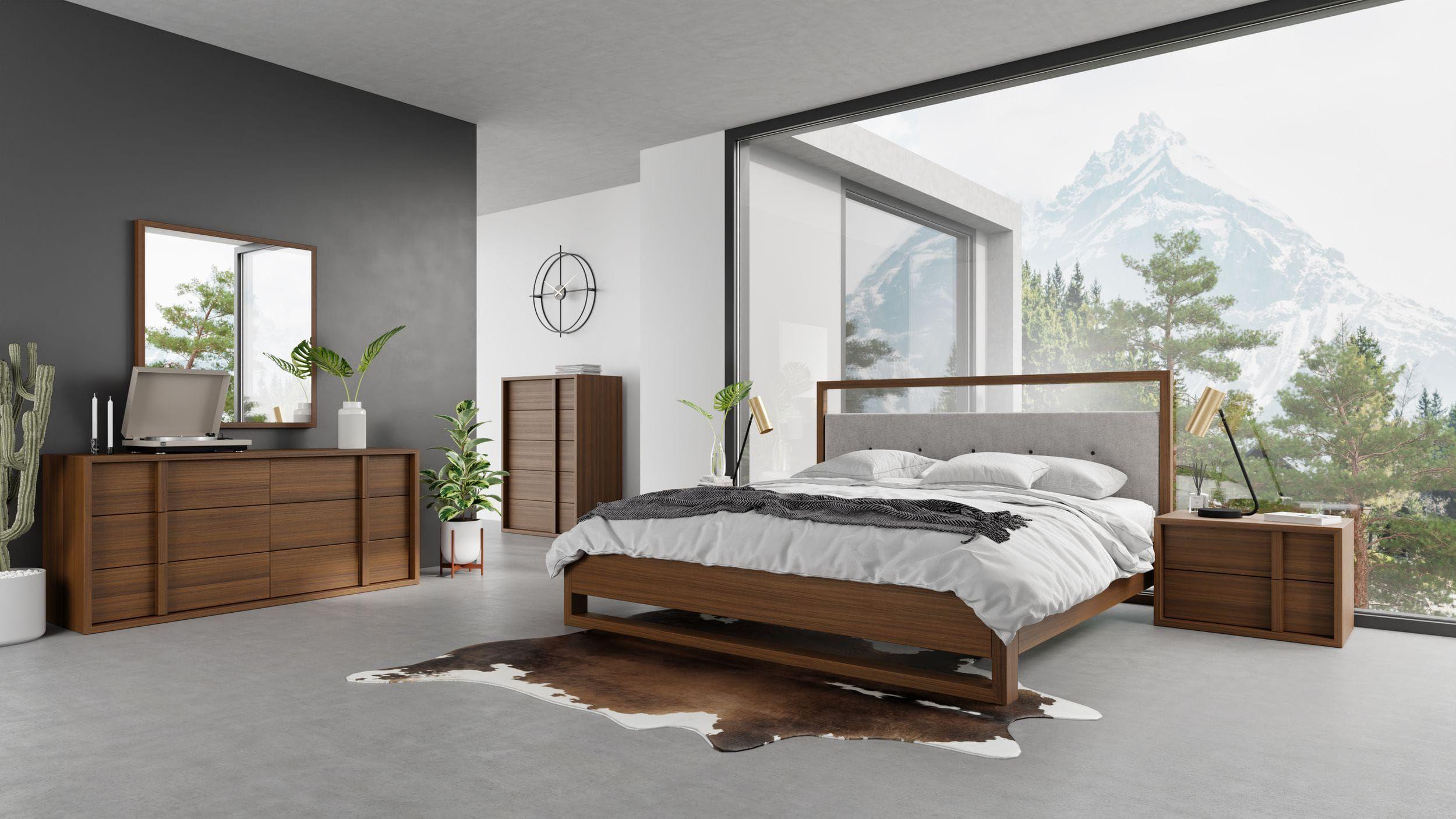 Modern Panel Bedroom Set Falcor Berlin VGMABR-107-BED-CK-5pcs in Walnut, Gray Fabric