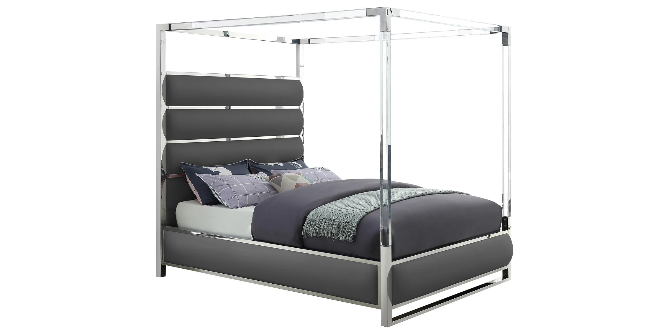 

    
Glam Grey Faux Leather & Chrome Canopy King Bed ENCORE Meridian Modern

