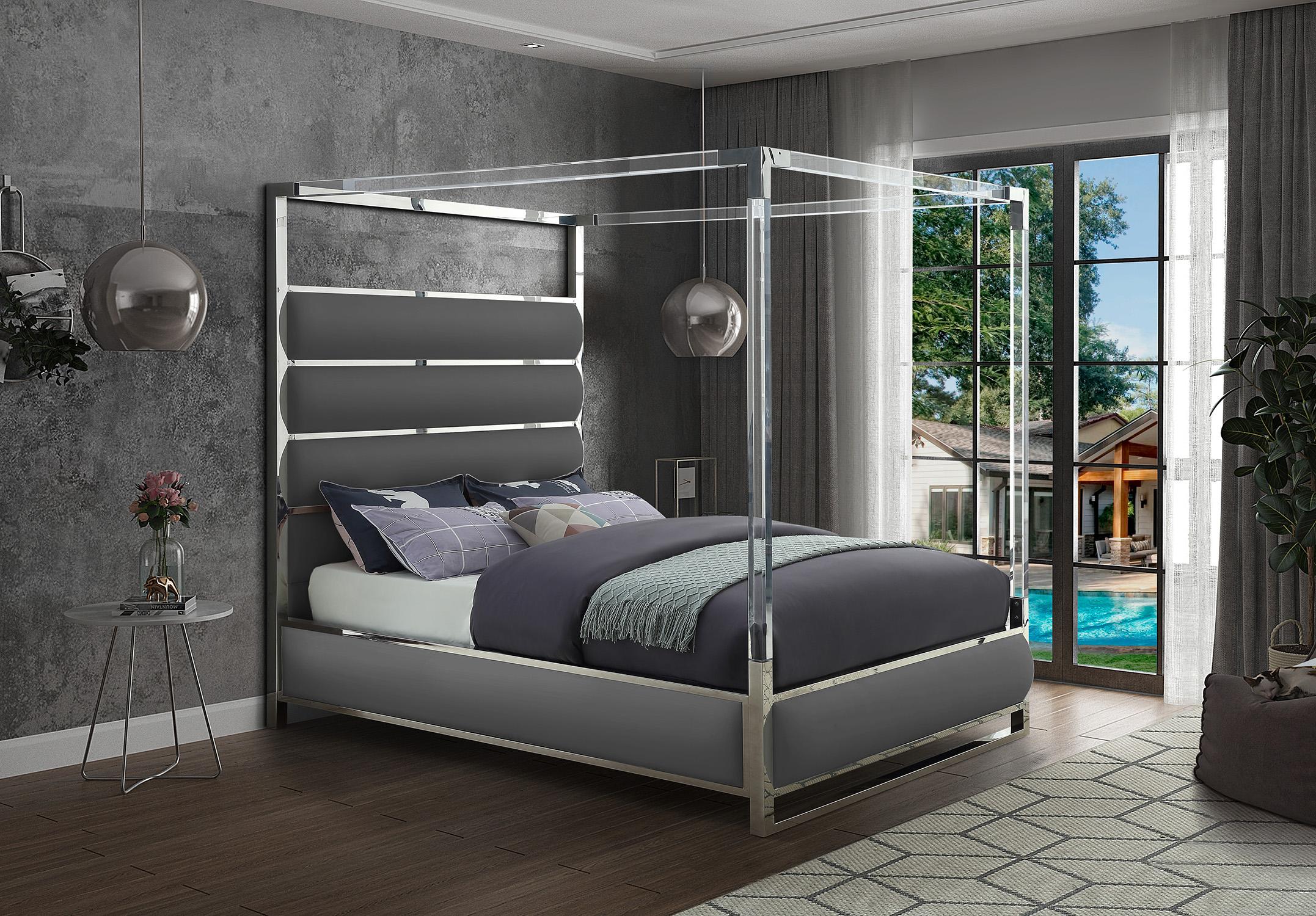 

    
Glam Grey Faux Leather & Chrome Canopy King Bed ENCORE Meridian Modern
