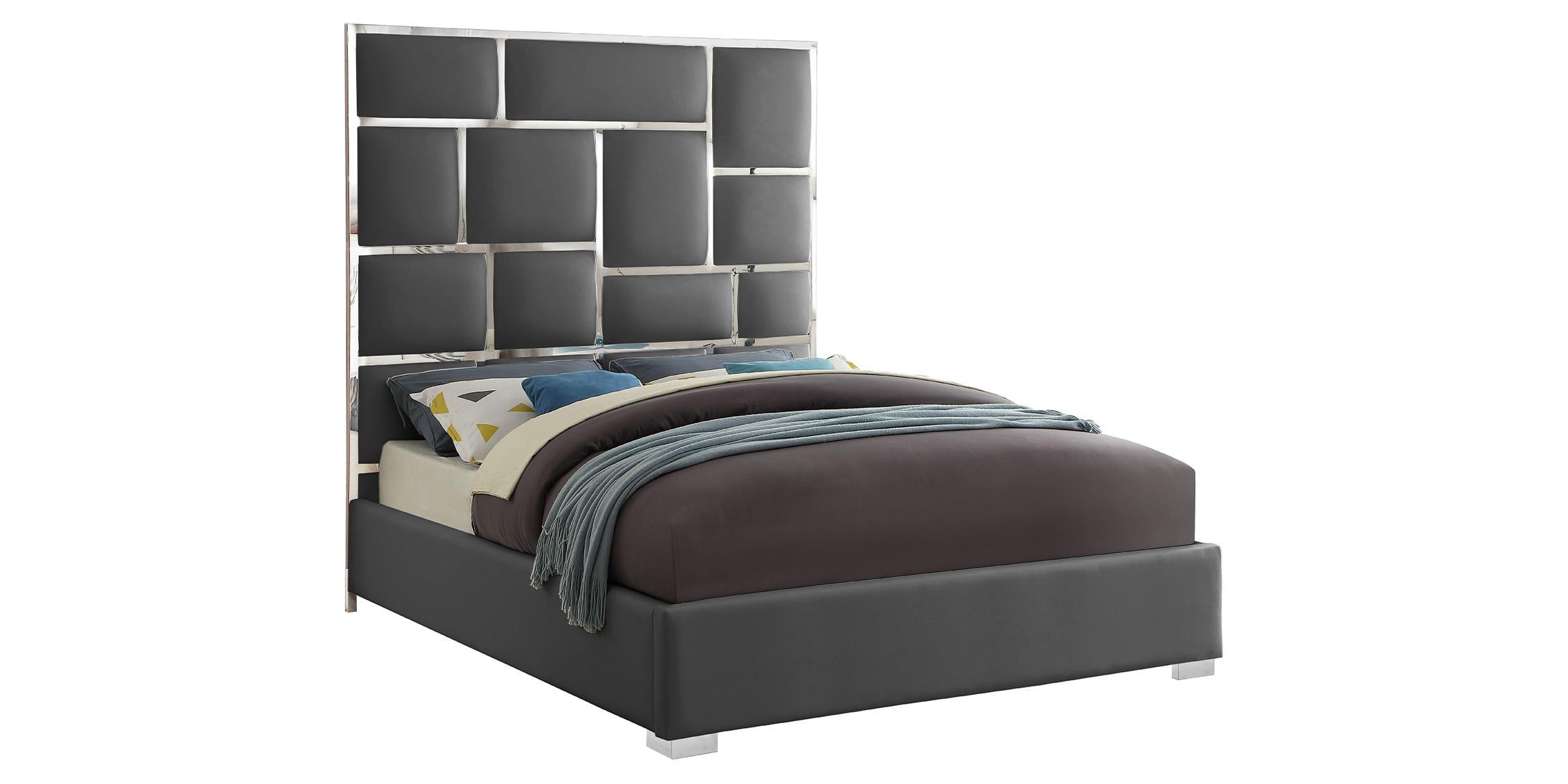 Contemporary Platform Bed MILAN Grey-K MilanGrey-K in Chrome, Gray Faux Leather