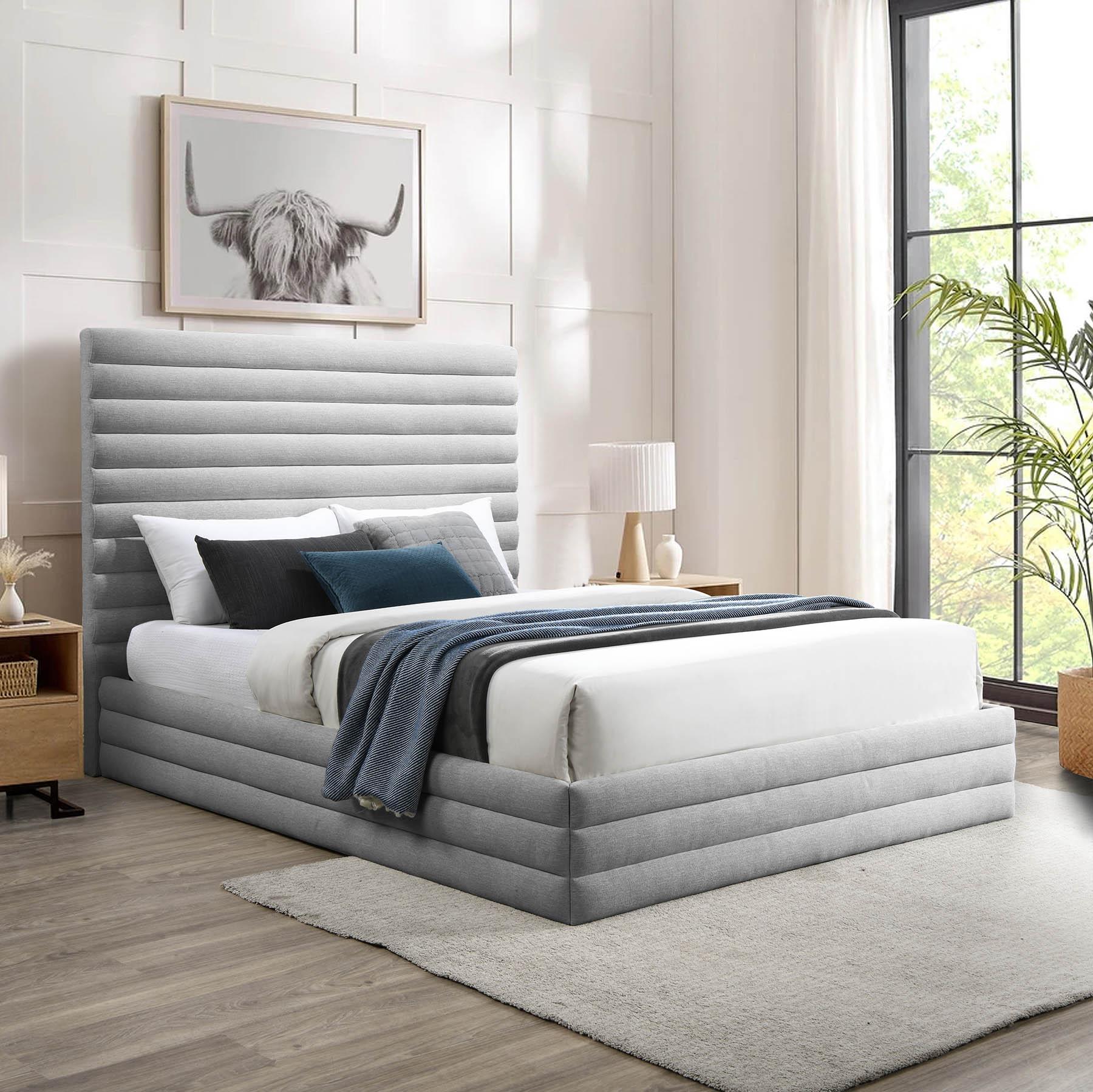 

    
Grey Linen Channel Tufted Queen Bed MaxwellGrey-Q Meridian Modern Contemporary
