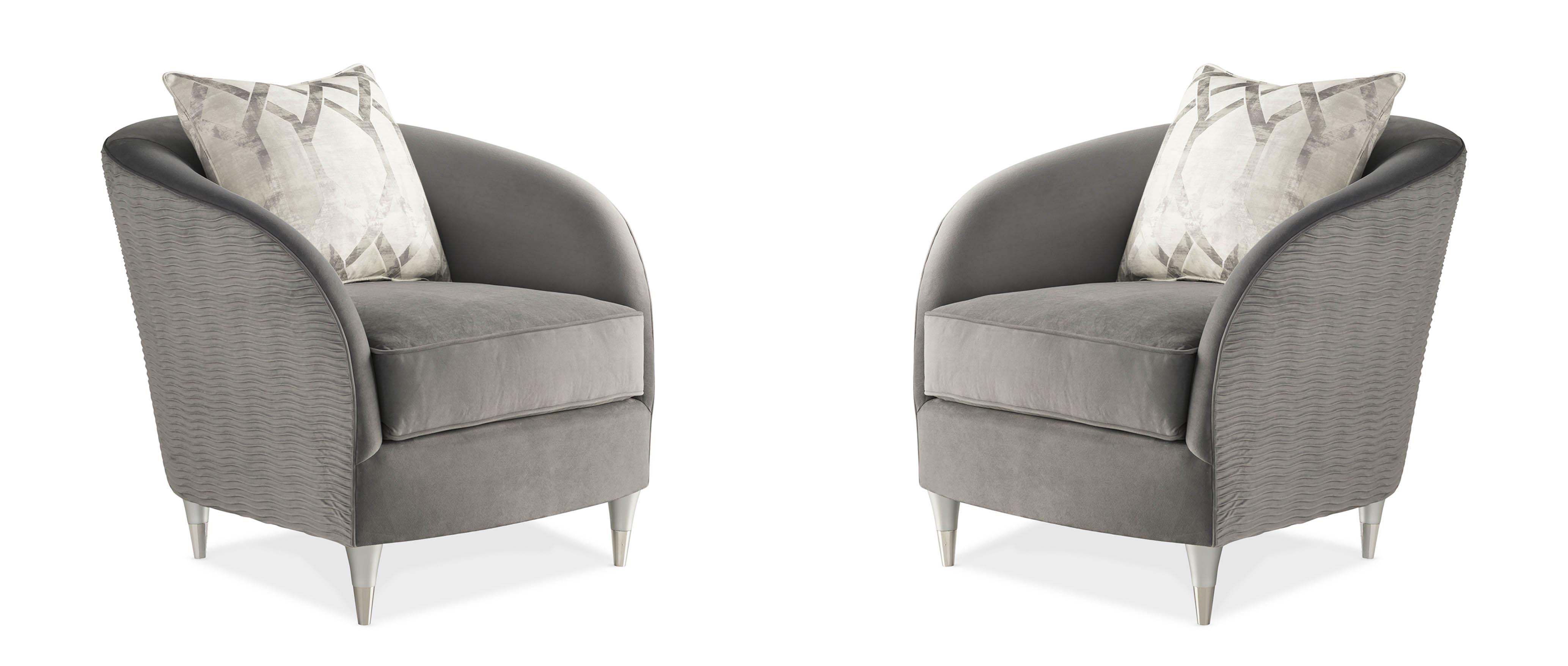 

    
Grey Pleated Velvet & Silver Frame w/ Rippling Effect Accent Chair Set 2Pcs FARRAH by Caracole
