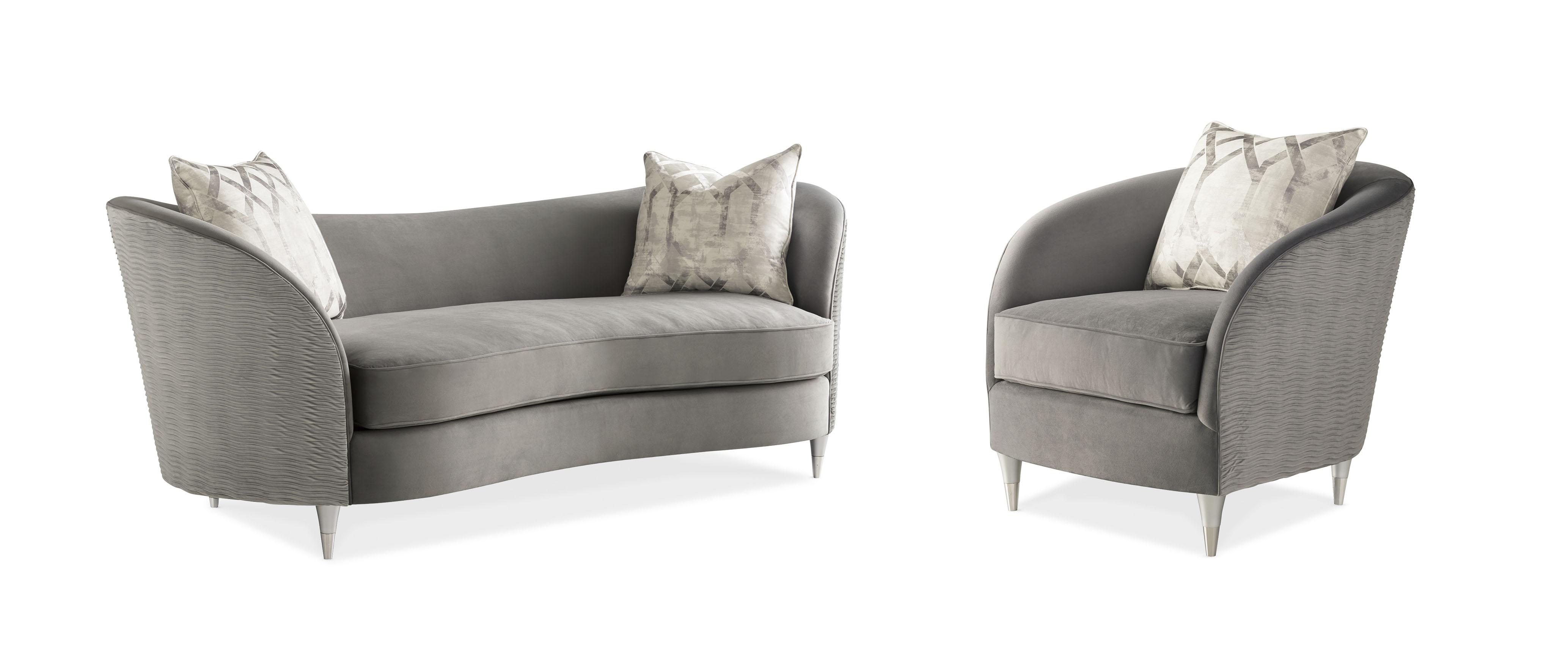 

    
Grey Pleated Velvet & Silver Frame w/ Rippling Effect Sofa Set 2Pcs FARRAH by Caracole
