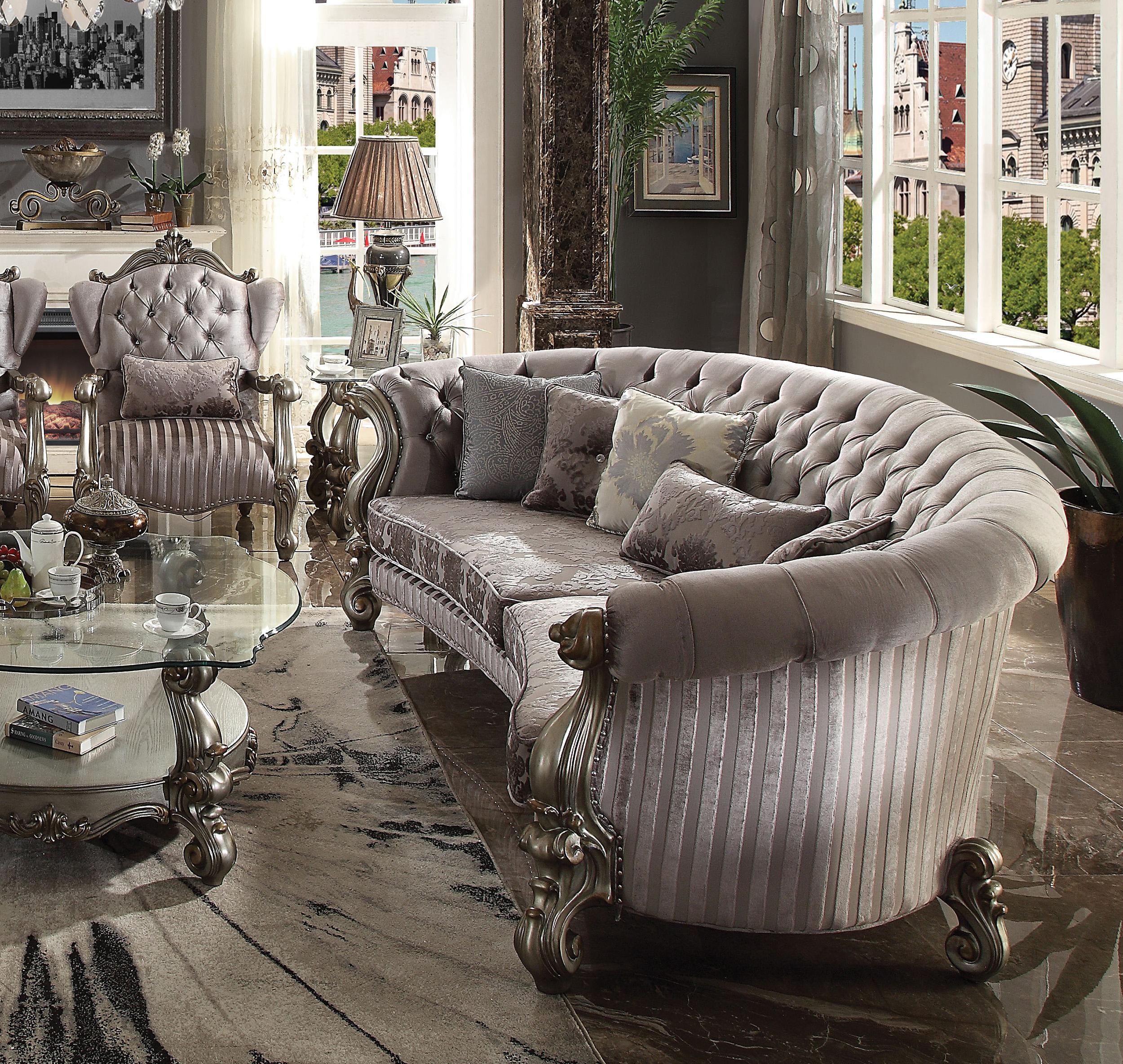 Traditional,  Vintage Sofa Chair Versailles-56845 Versailles-56845-Set-2 in Platinum, Antique, Silver Soft Velvet