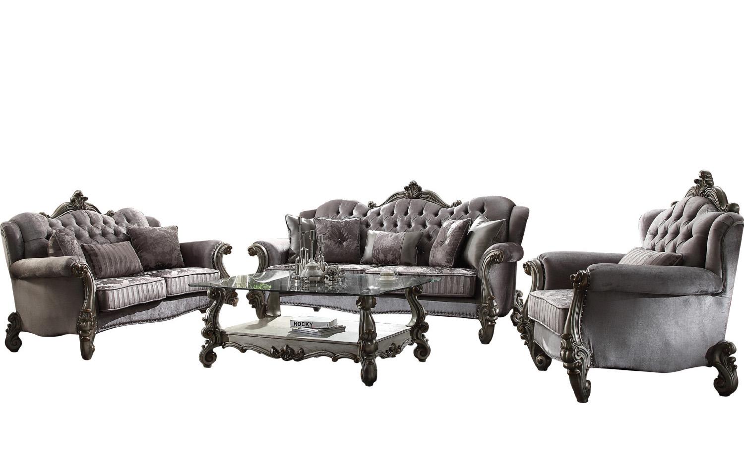 

        
Acme Furniture Versailles 56840 56841 Sofa Set Platinum/Antique/Silver/Gray Velvet 0840412148712
