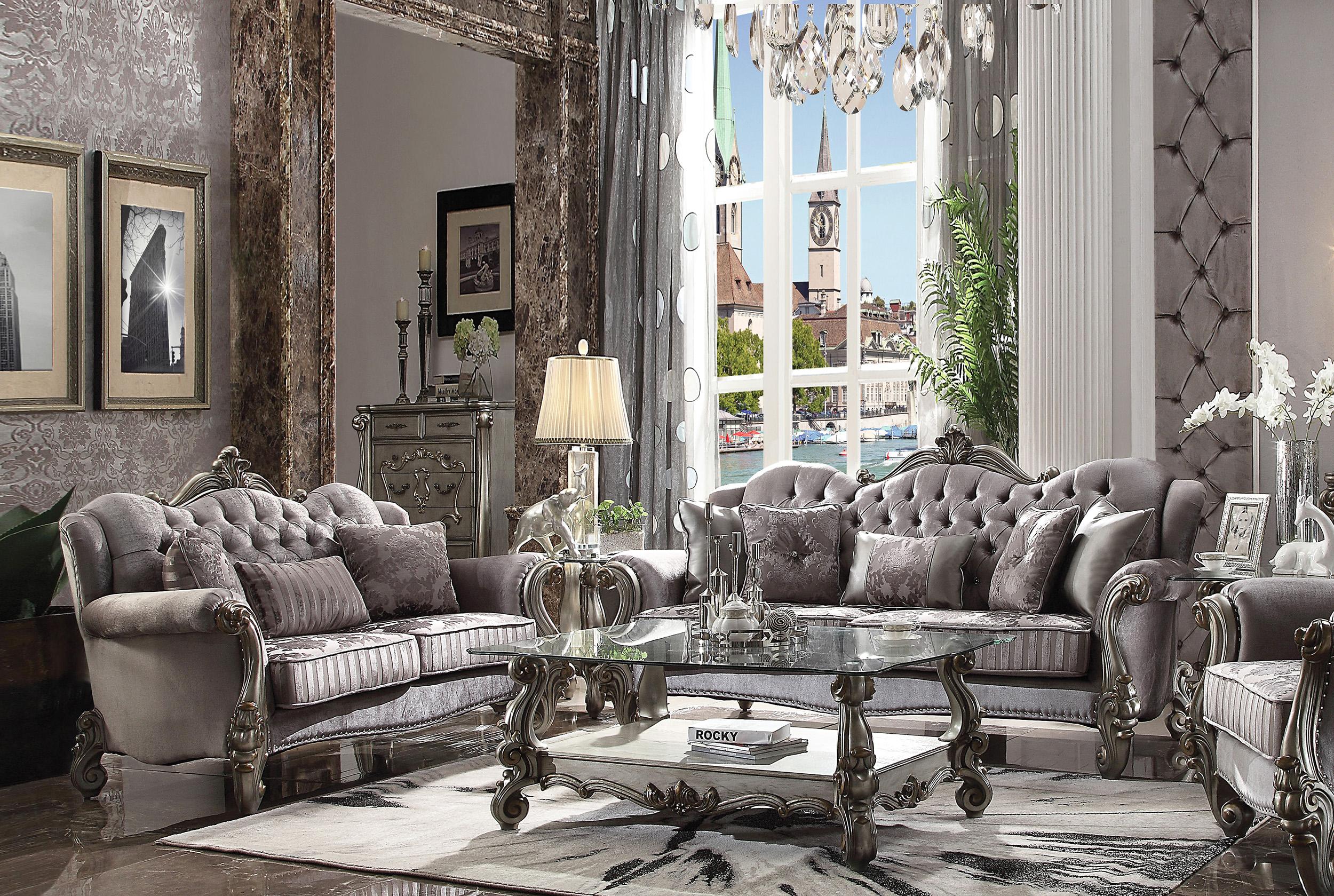Traditional,  Vintage Sofa Loveseat Versailles 56840 56841 56840-2PC in Platinum, Antique, Silver, Gray Velvet