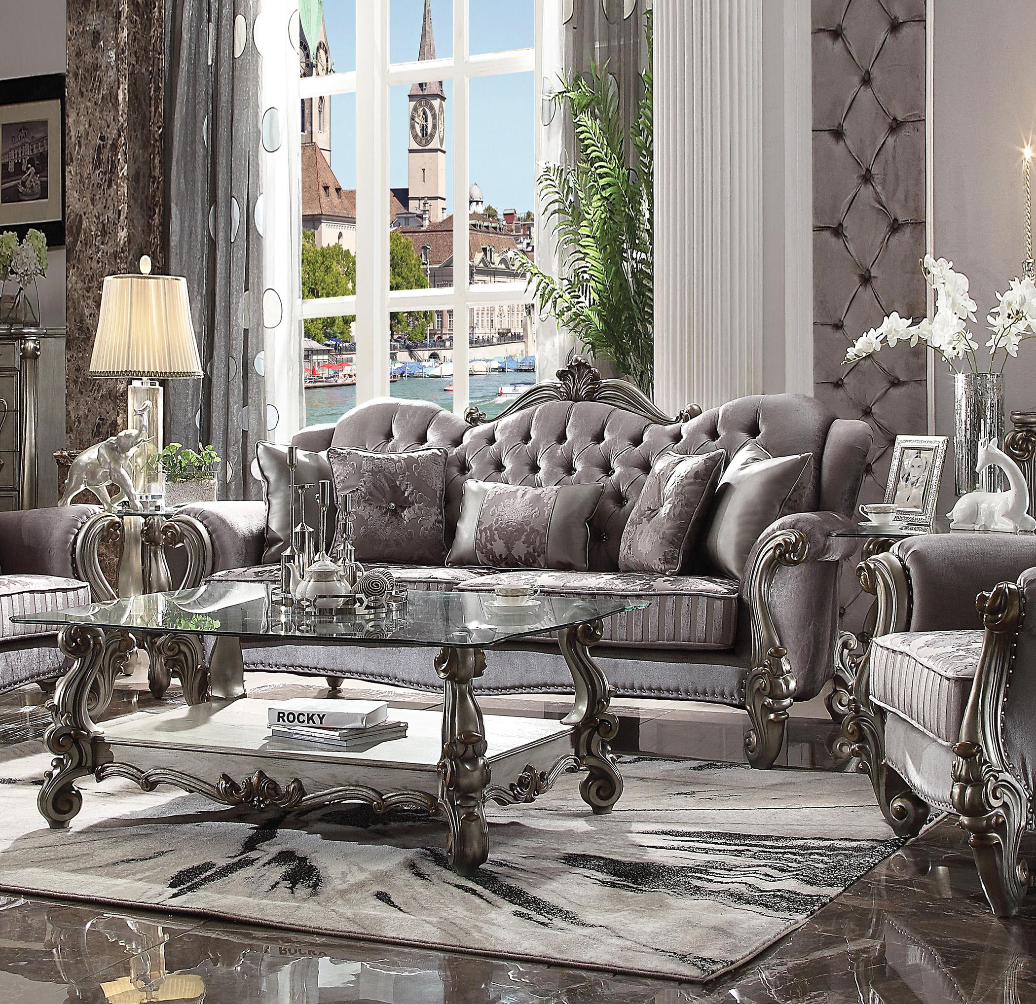 

    
Grey Velvet & Antique Platinum Sofa Vintage Traditional Versailles 56840 Acme
