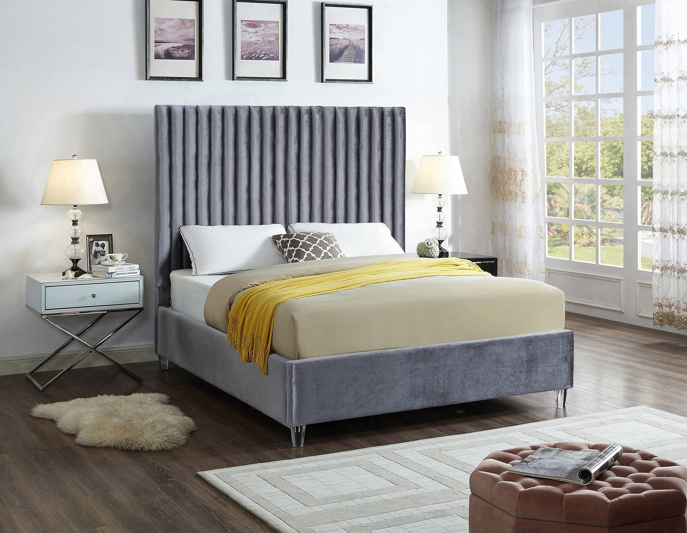 

    
GREY Velvet Channel Tufted Platform King Bed Candace Meridian Contemporary
