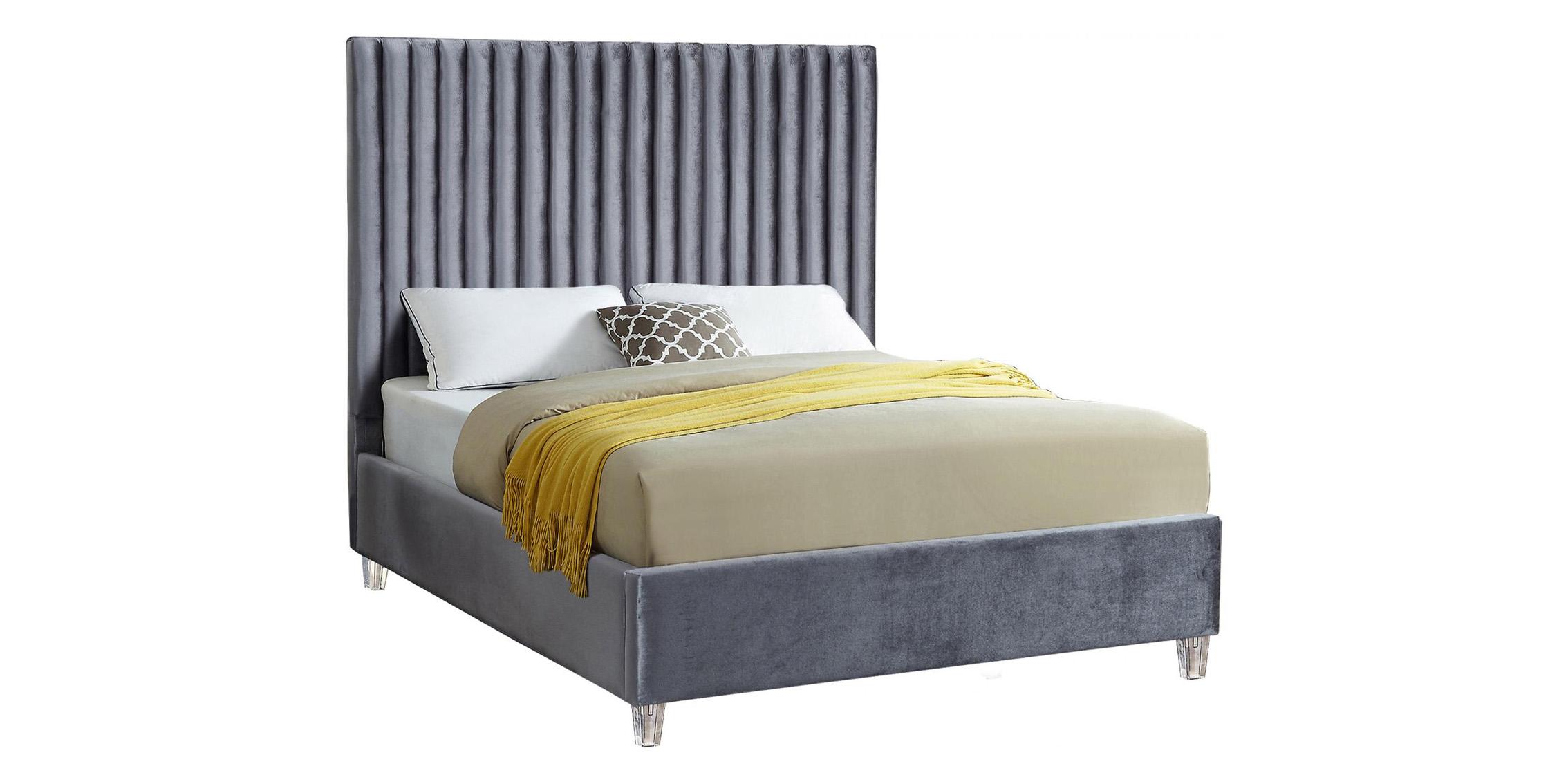

    
GREY Velvet Channel Tufted Platform Queen Bed Candace Meridian Contemporary
