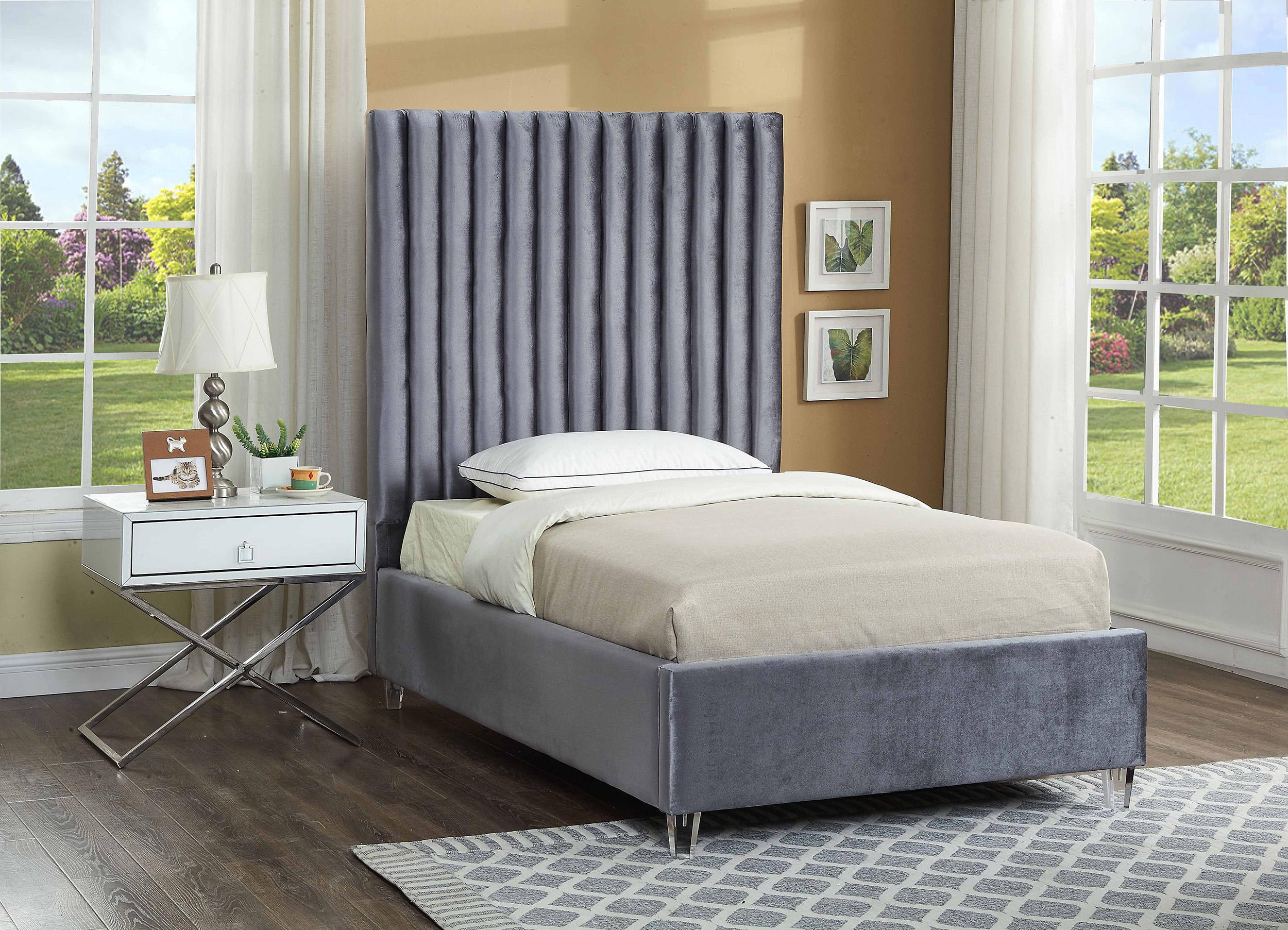 

    
GREY Velvet Channel Tufted Platform Twin Bed Candace Meridian Contemporary

