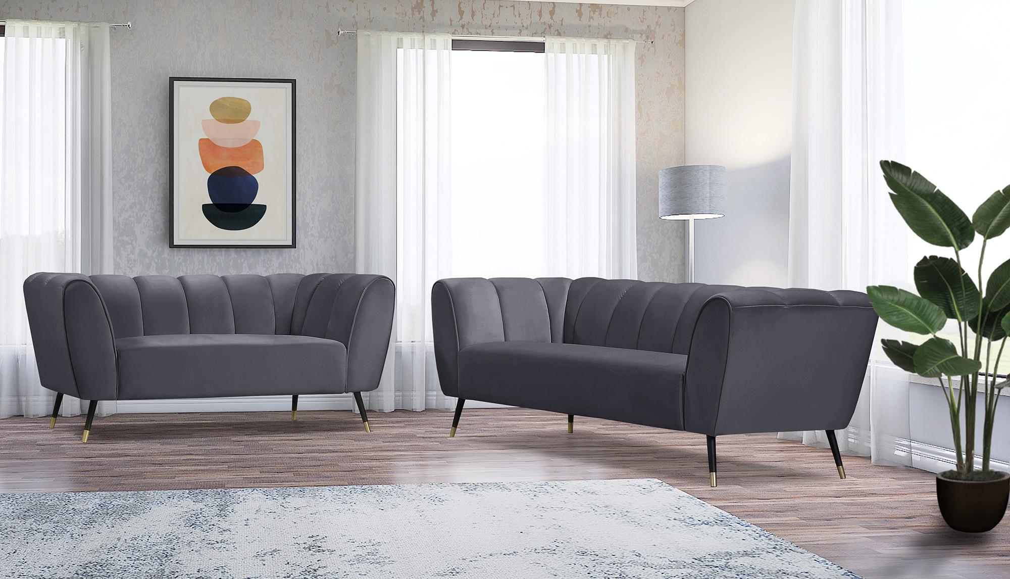 

    
Grey Velvet Channel Tufted Sofa Set 2Pcs BEAUMONT 626Grey Meridian Contemporary

