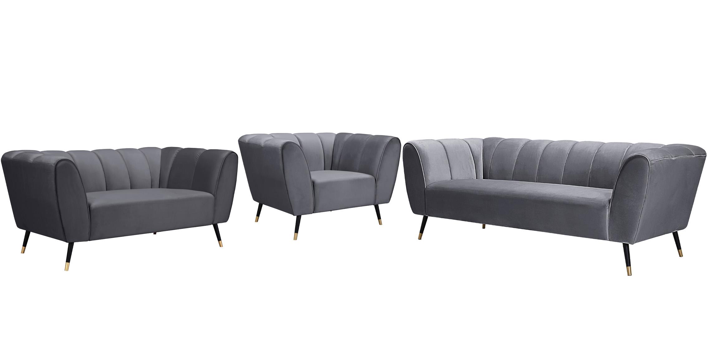 

    
Grey Velvet Channel Tufted Sofa Set 3Pcs BEAUMONT 626Grey Meridian Contemporary
